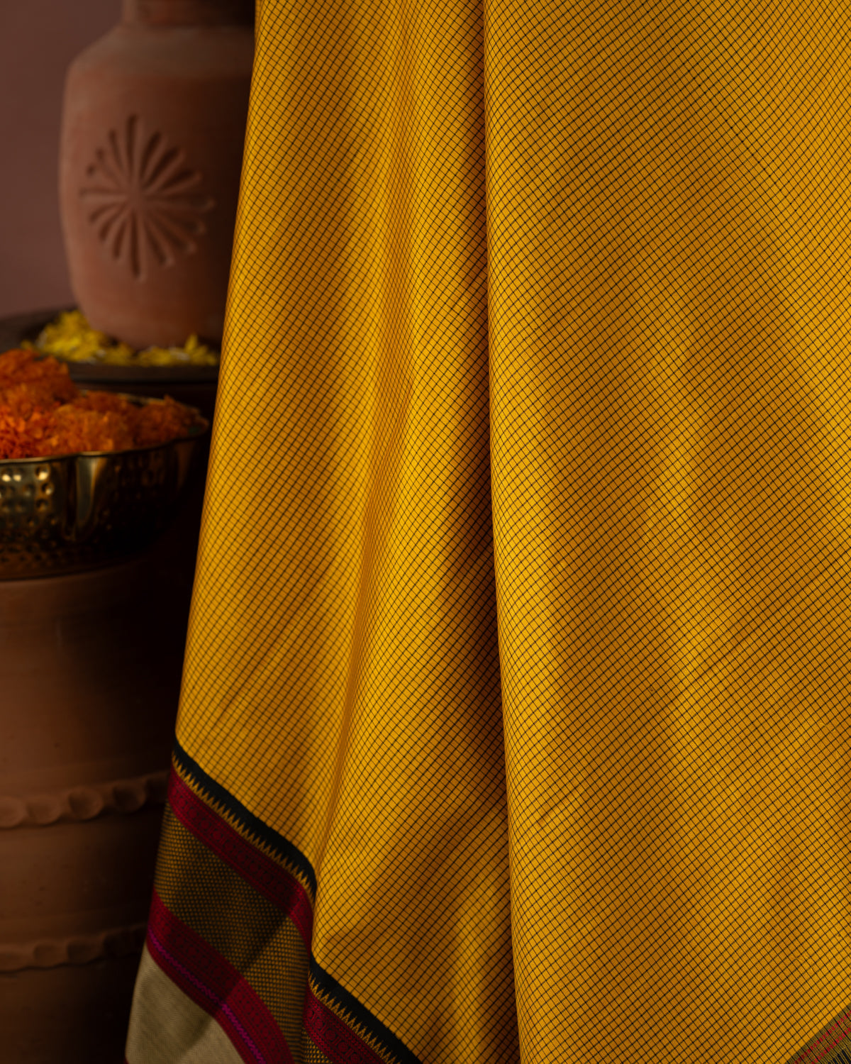 Yellow Kanchipuram Silk Saree With Allover Checks & Without Zari Pallu
