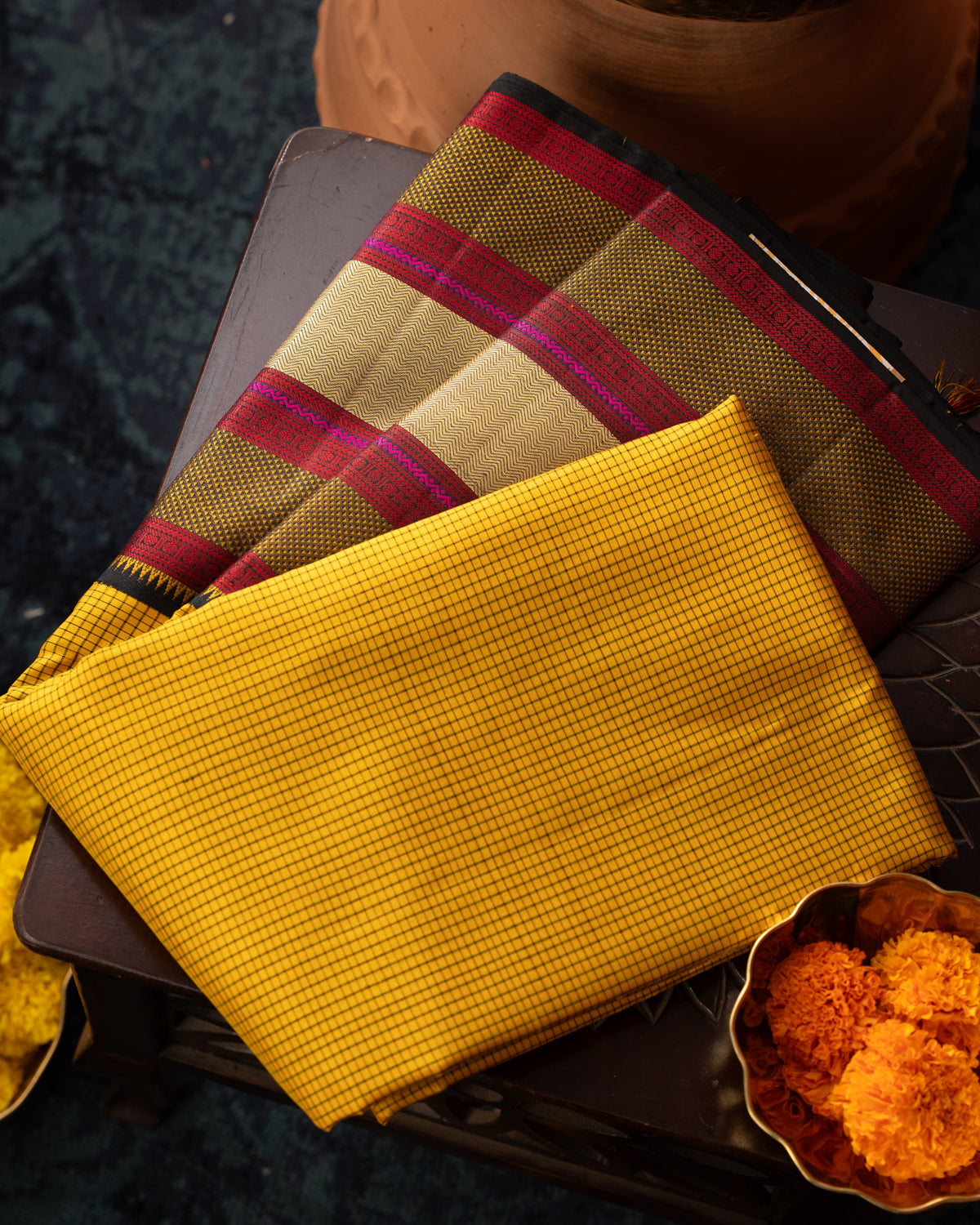 Yellow Kanchipuram Silk Saree With Allover Checks & Without Zari Pallu