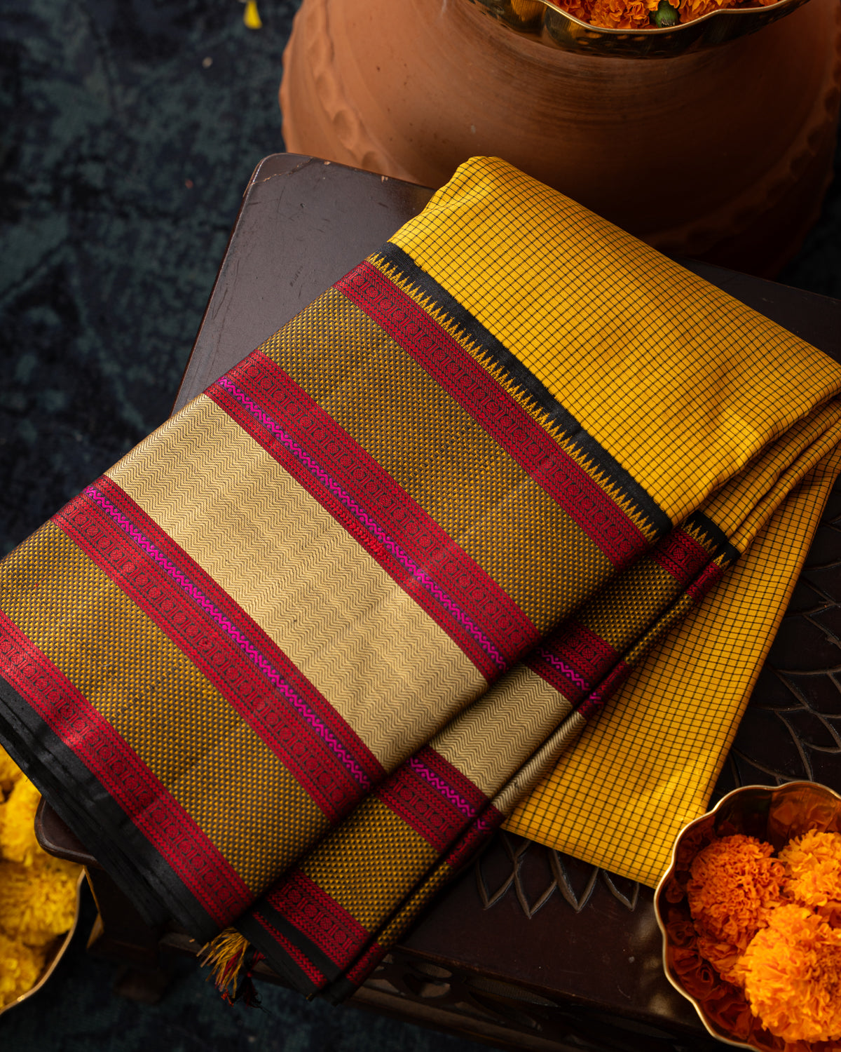 Yellow Kanchipuram Silk Saree With Allover Checks & Without Zari Pallu