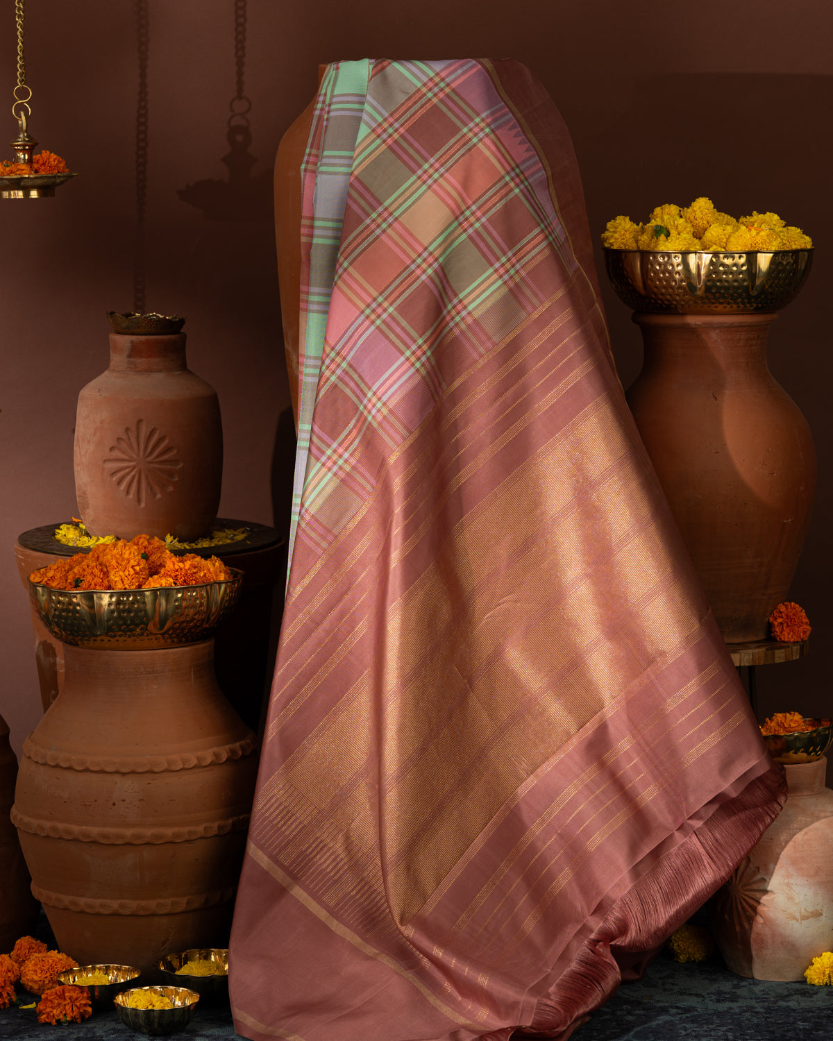 Mauve Pink & Teal Kanchipuram Silk Saree With Checked Pattern