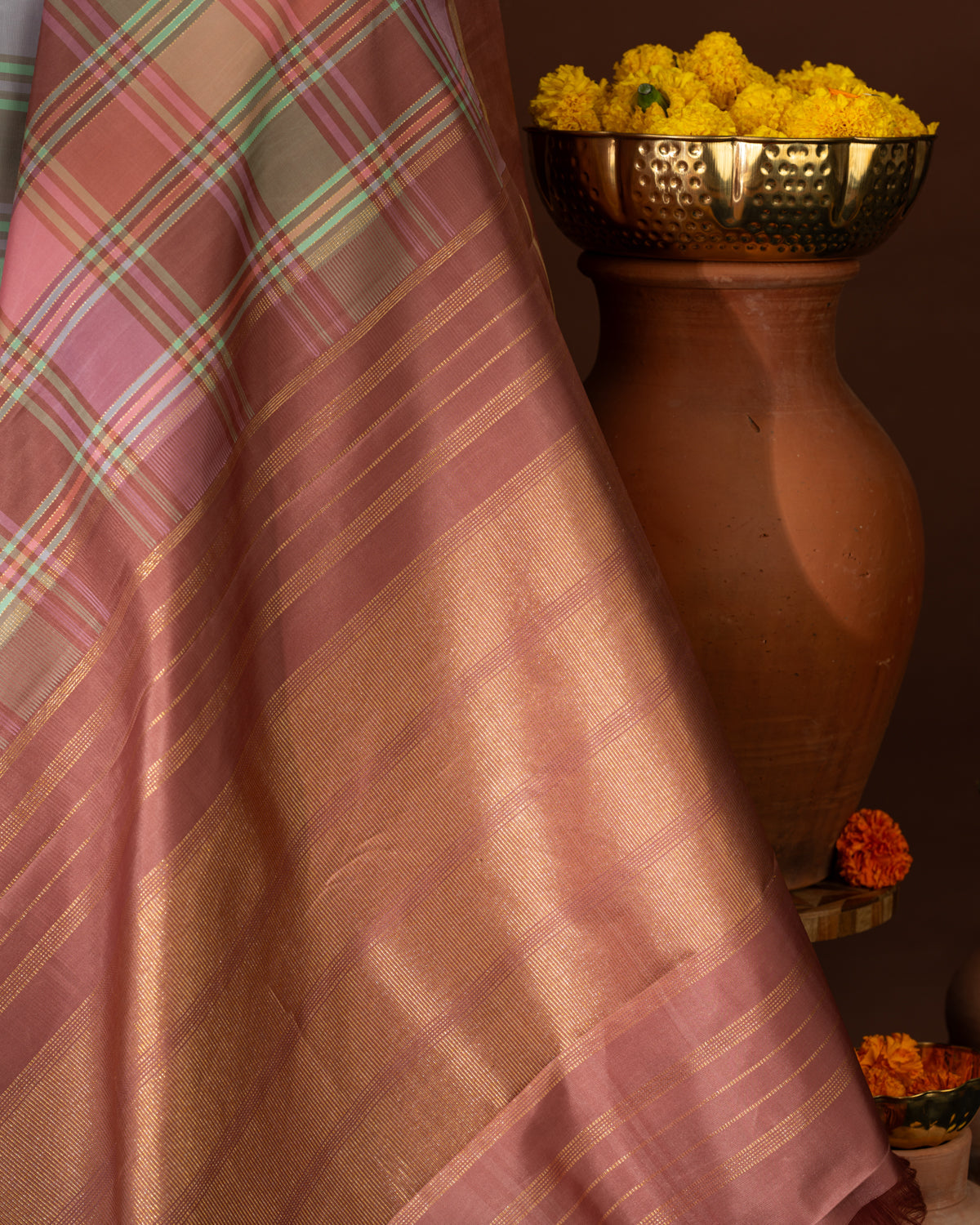 Mauve Pink & Teal Kanchipuram Silk Saree With Checked Pattern