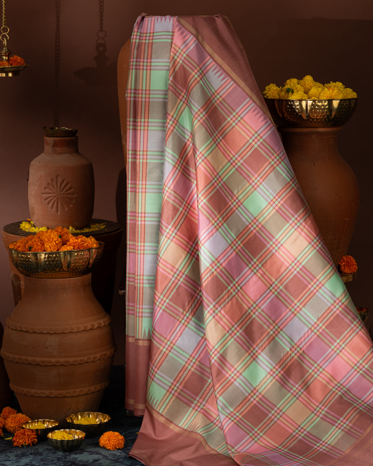 Mauve Pink & Teal Kanchipuram Silk Saree With Checked Pattern