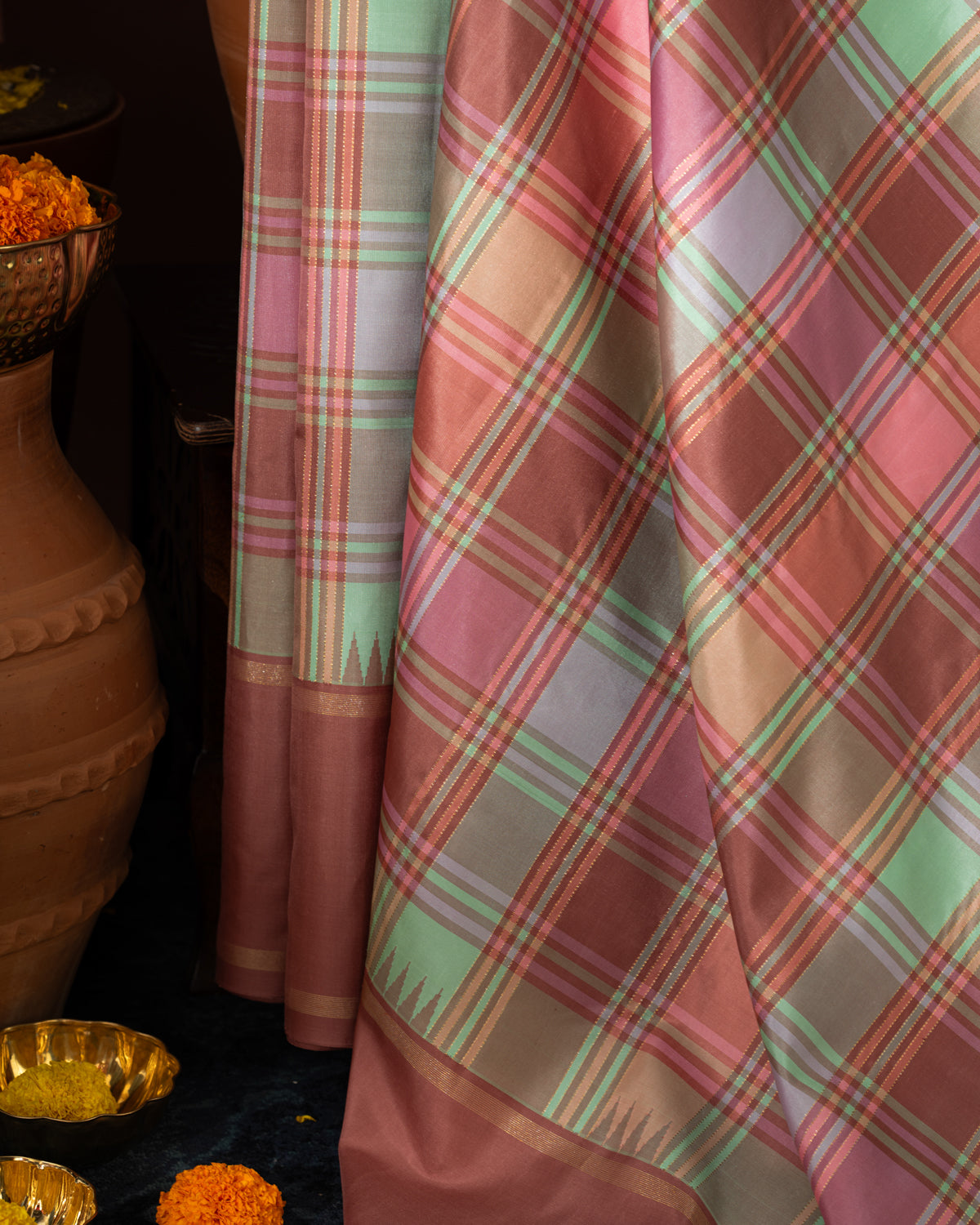Mauve Pink & Teal Kanchipuram Silk Saree With Checked Pattern