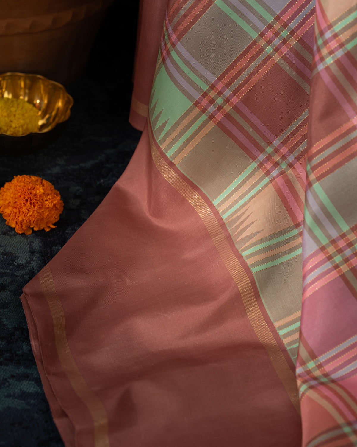 Mauve Pink & Teal Kanchipuram Silk Saree With Checked Pattern