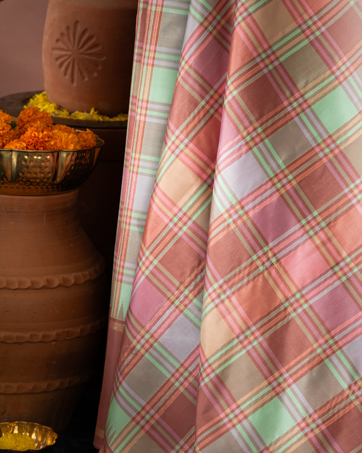 Mauve Pink & Teal Kanchipuram Silk Saree With Checked Pattern
