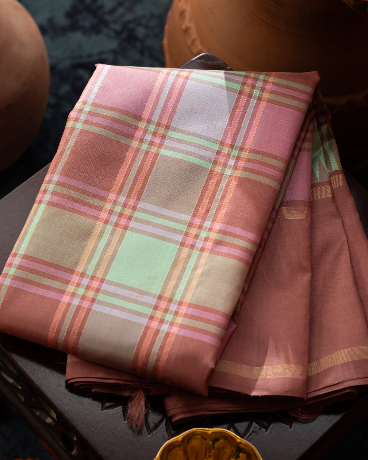 Mauve Pink & Teal Kanchipuram Silk Saree With Checked Pattern