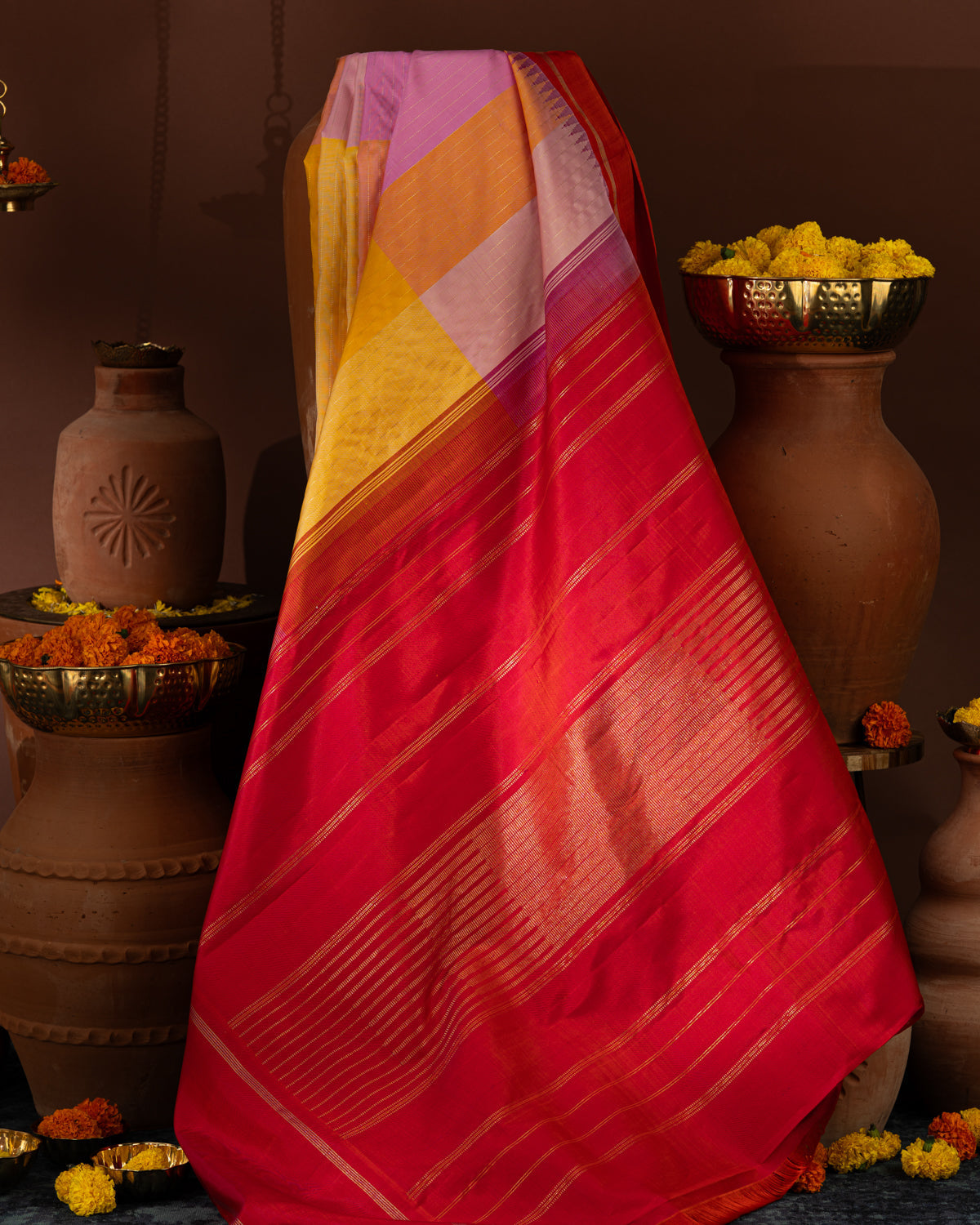 Multi Colour Kanchipuram Silk Saree With Pink Contrast Border & Pallu