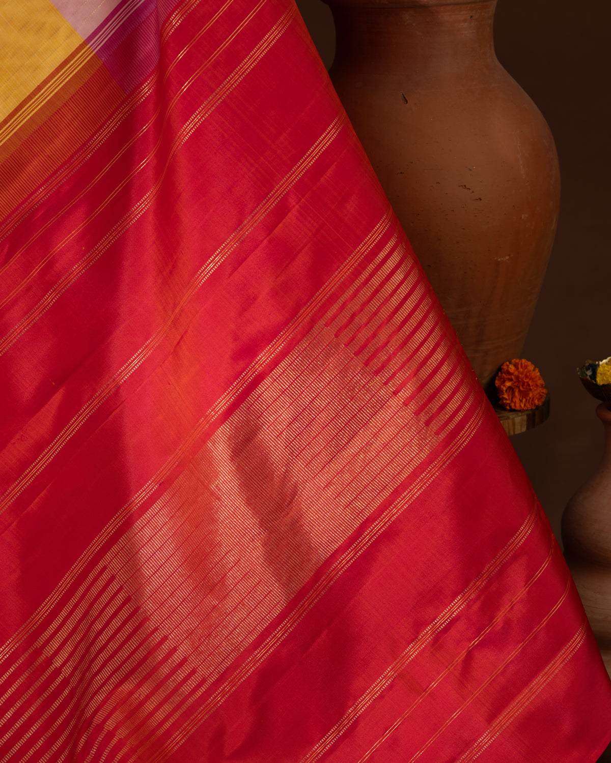 Multi Colour Kanchipuram Silk Saree With Pink Contrast Border & Pallu