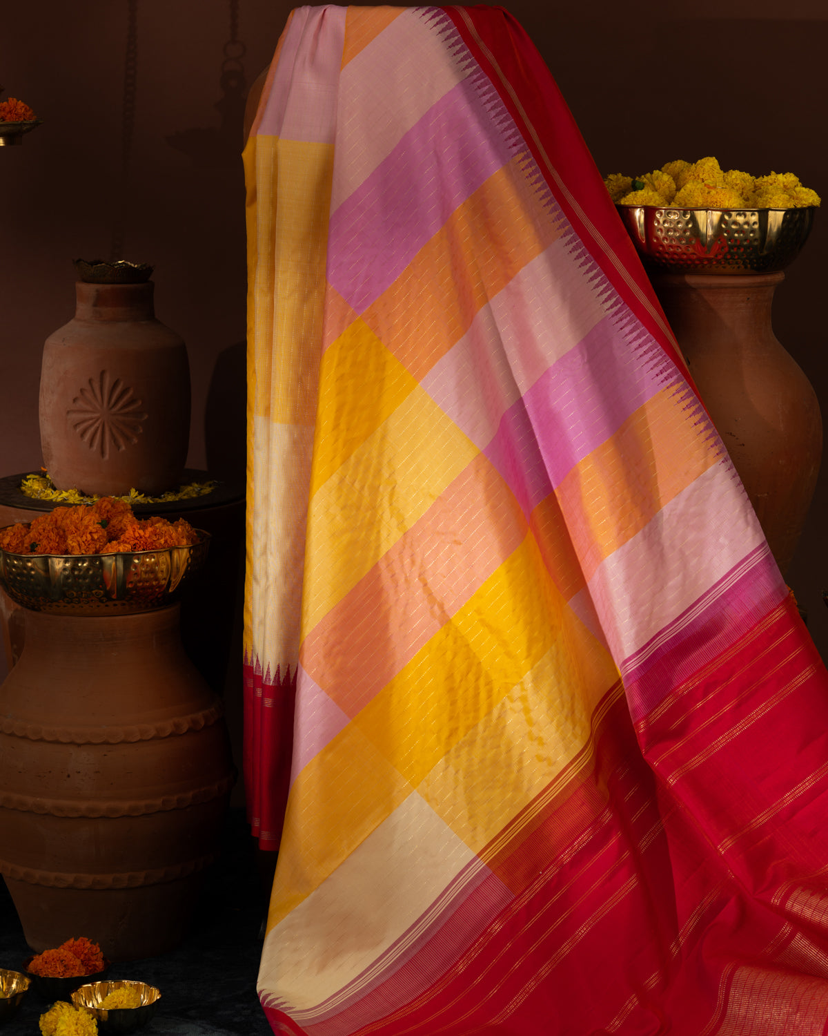 Multi Colour Kanchipuram Silk Saree With Pink Contrast Border & Pallu
