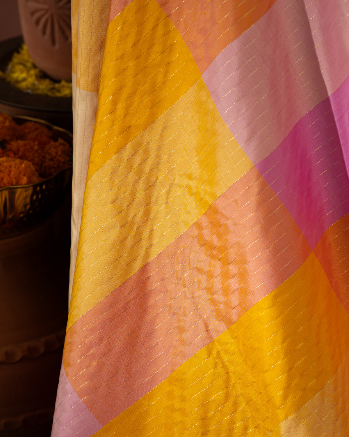 Multi Colour Kanchipuram Silk Saree With Pink Contrast Border & Pallu