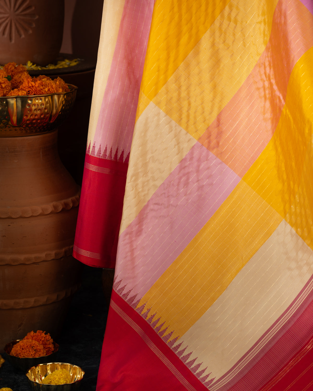 Multi Colour Kanchipuram Silk Saree With Pink Contrast Border & Pallu