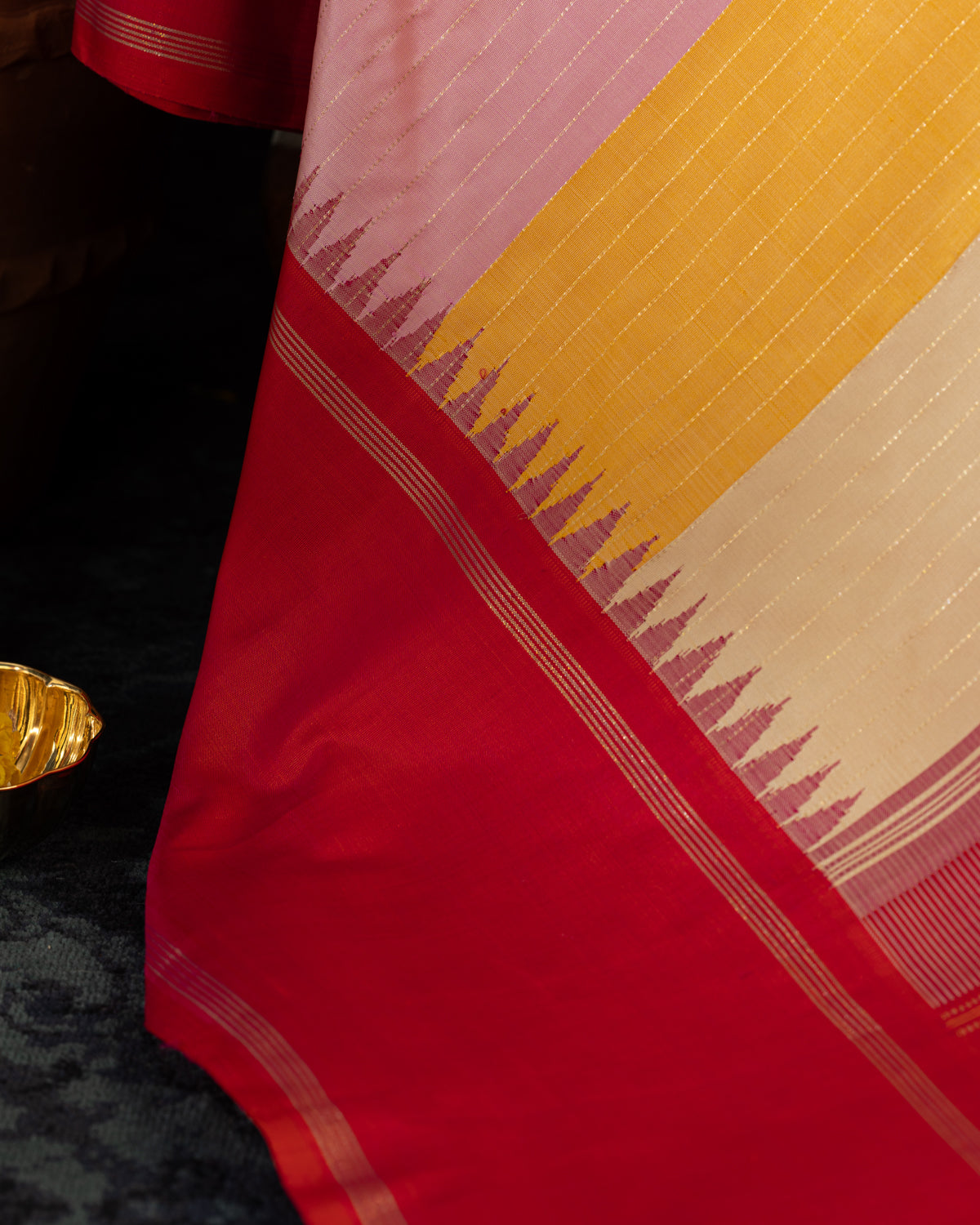 Multi Colour Kanchipuram Silk Saree With Pink Contrast Border & Pallu
