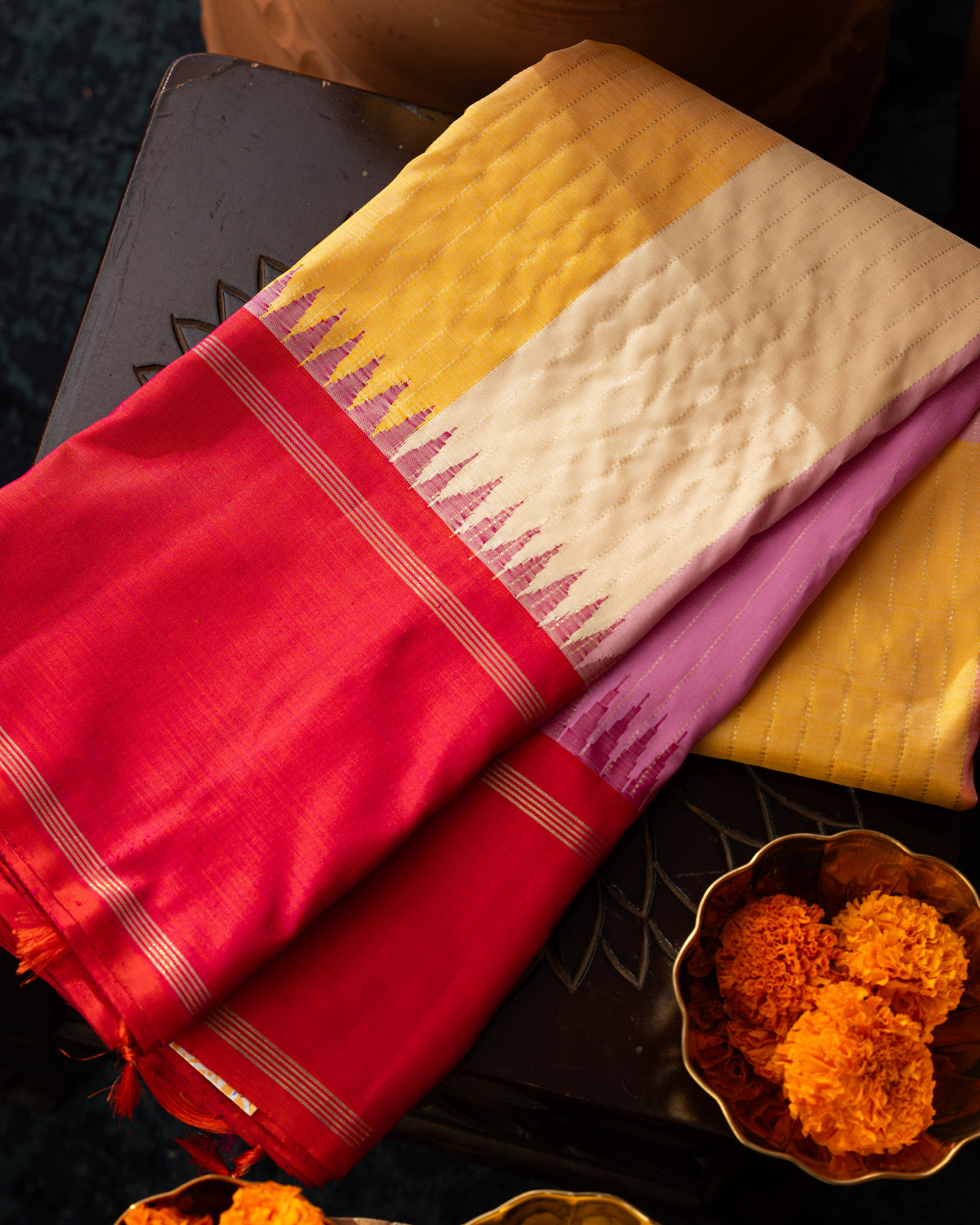 Multi Colour Kanchipuram Silk Saree With Pink Contrast Border & Pallu