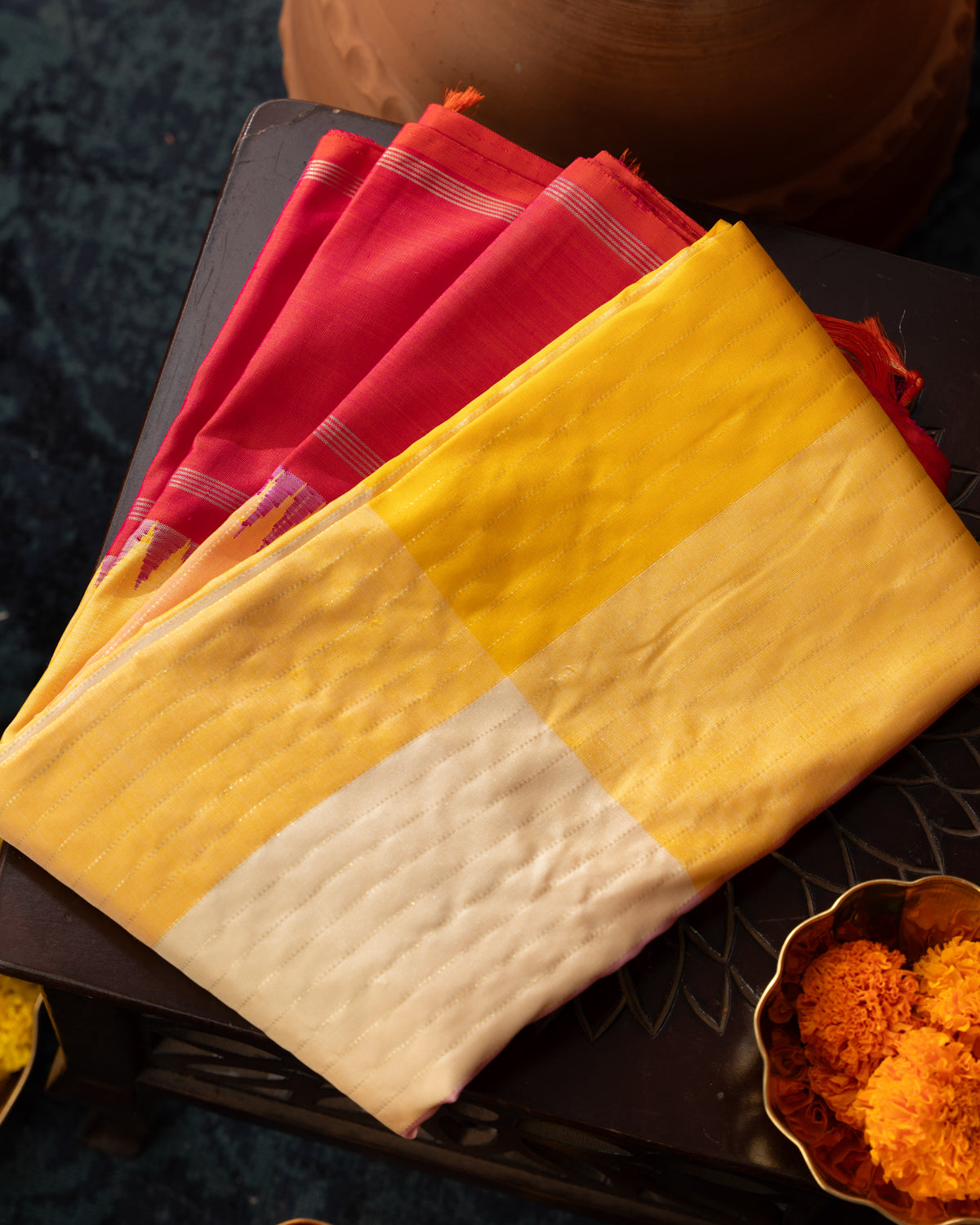 Multi Colour Kanchipuram Silk Saree With Pink Contrast Border & Pallu