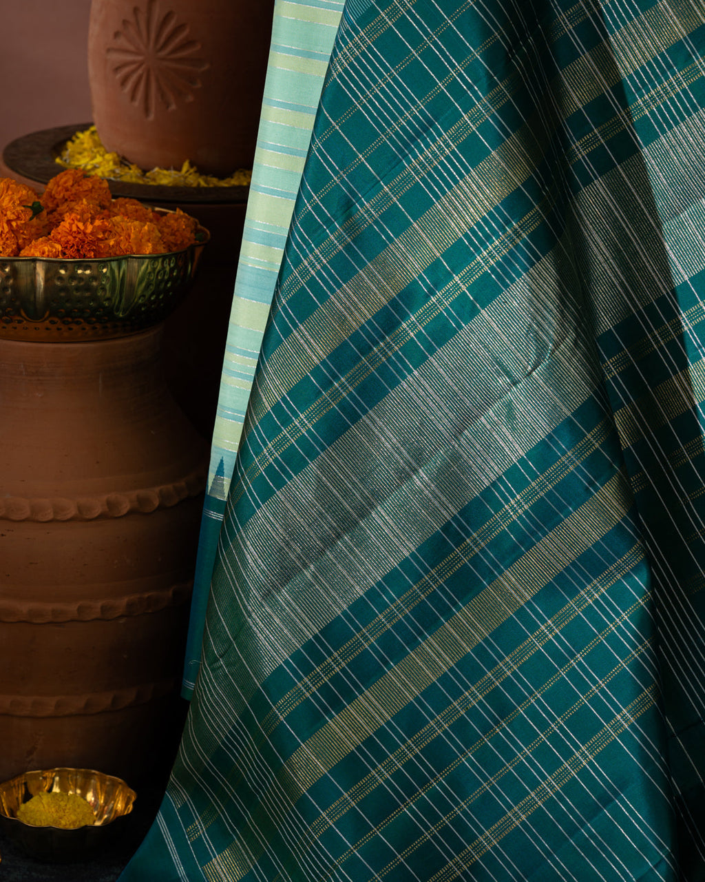 Light Blue & Peacock Blue Kanchipuram Silk Saree With Stripes