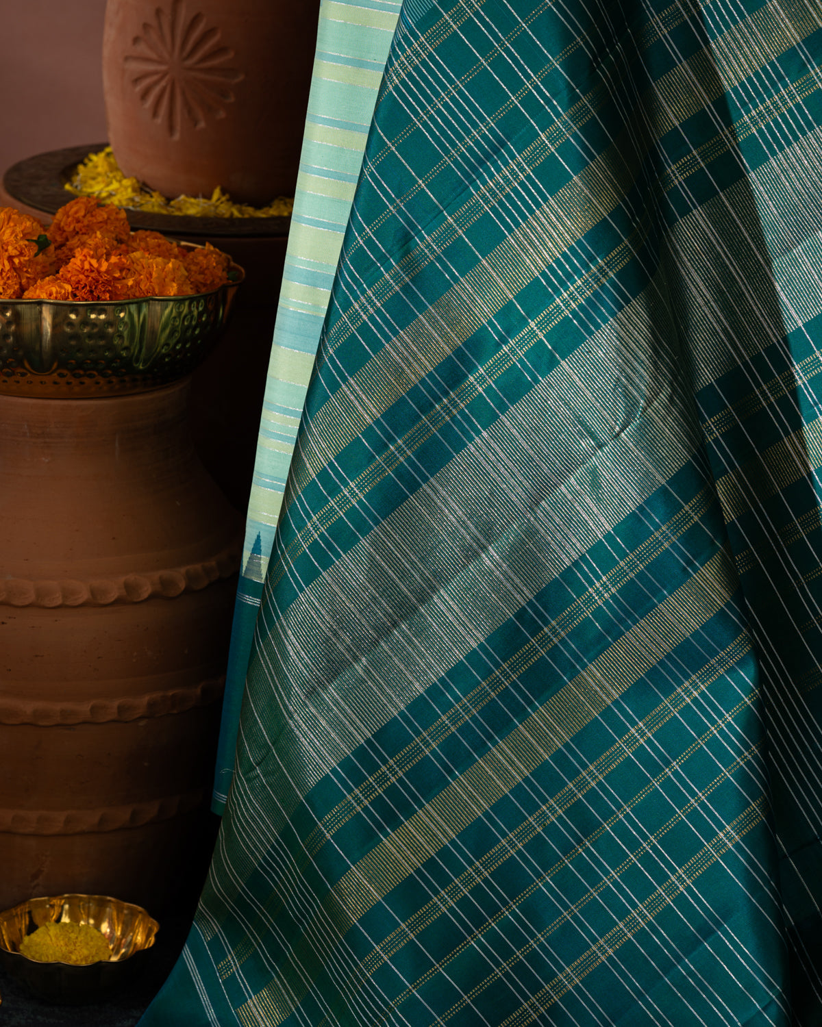 Light Blue & Peacock Blue Kanchipuram Silk Saree With Stripes