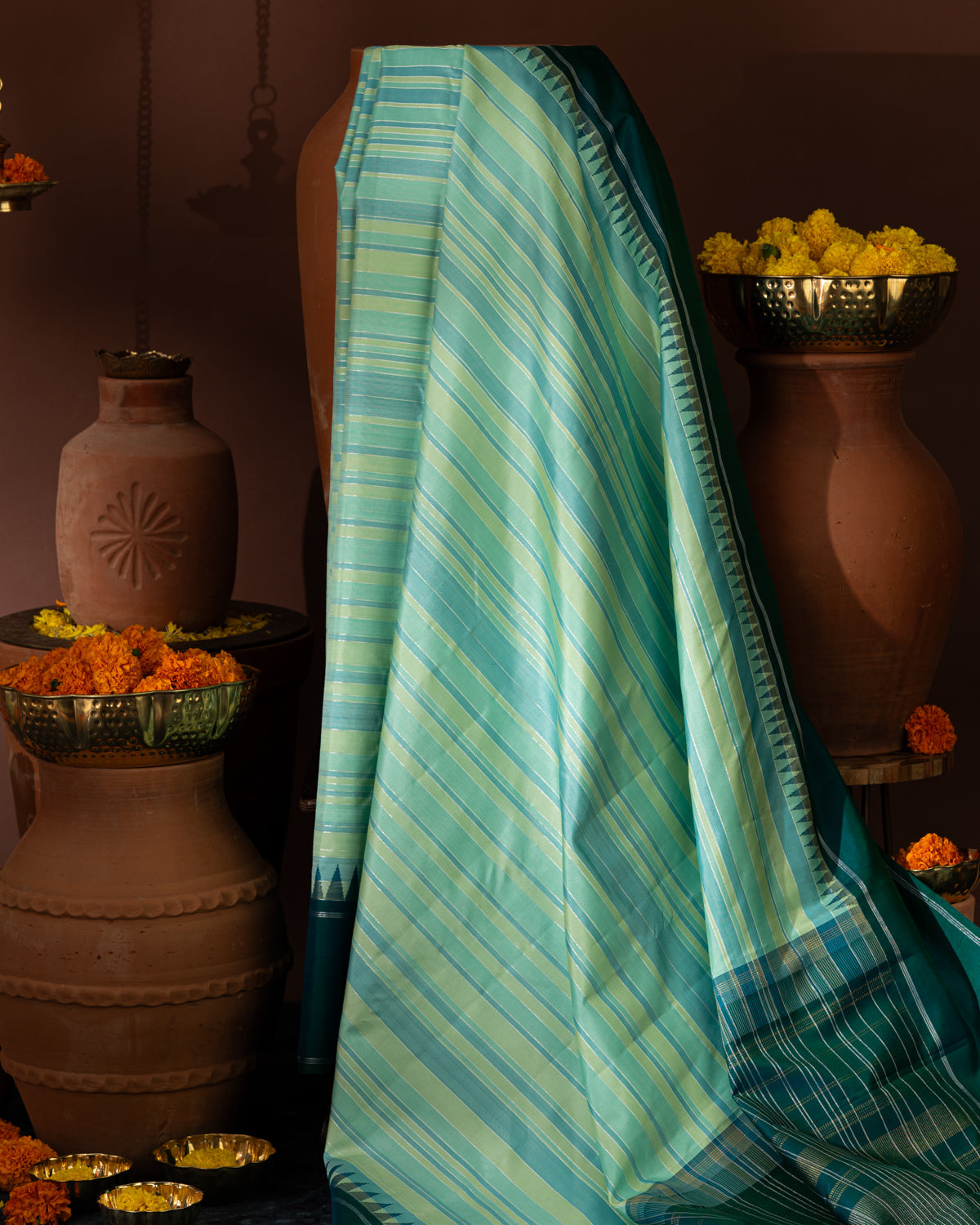 Light Blue & Peacock Blue Kanchipuram Silk Saree With Stripes