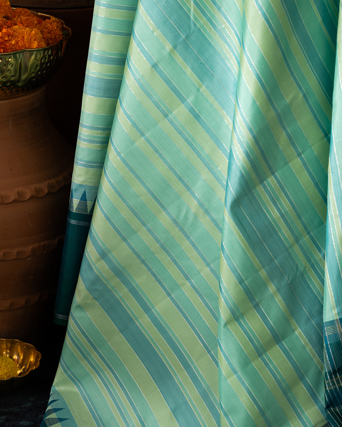 Light Blue & Peacock Blue Kanchipuram Silk Saree With Stripes