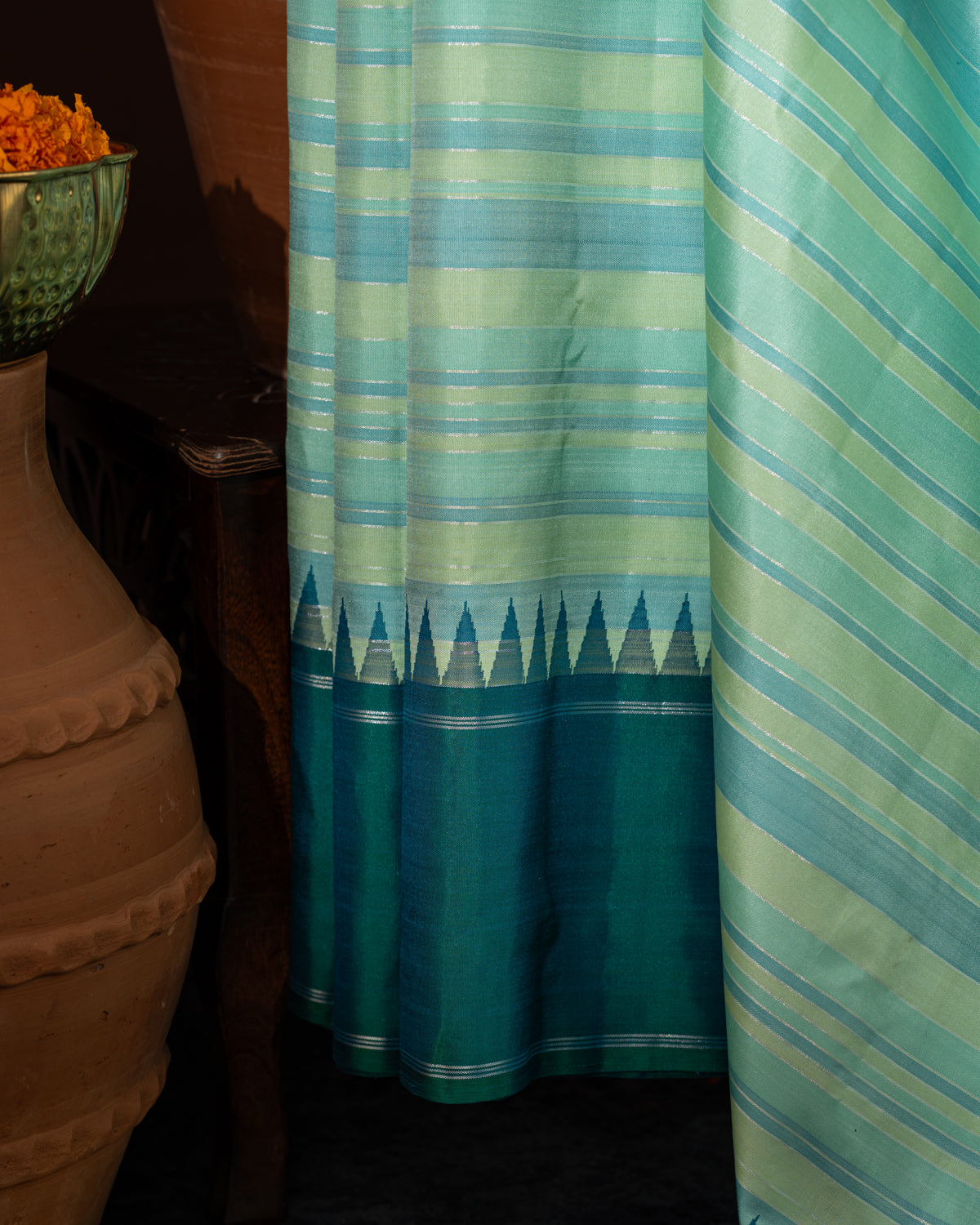 Light Blue & Peacock Blue Kanchipuram Silk Saree With Stripes