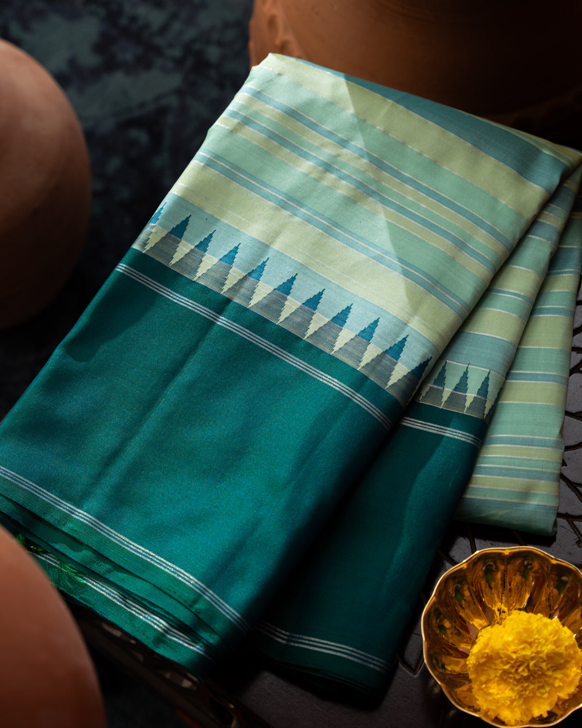 Light Blue & Peacock Blue Kanchipuram Silk Saree With Stripes