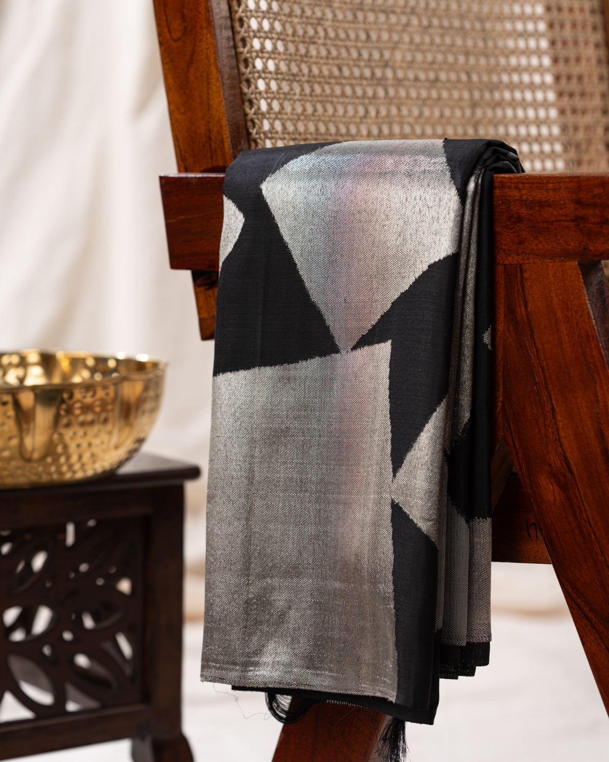 Black & Silver Contemporary Pure Kanchipuram Silk With Abstract Geometric Weaves