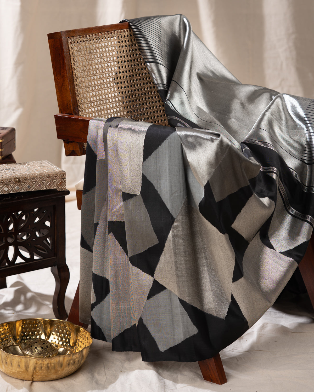 Black & Silver Contemporary Pure Kanchipuram Silk With Abstract Geometric Weaves