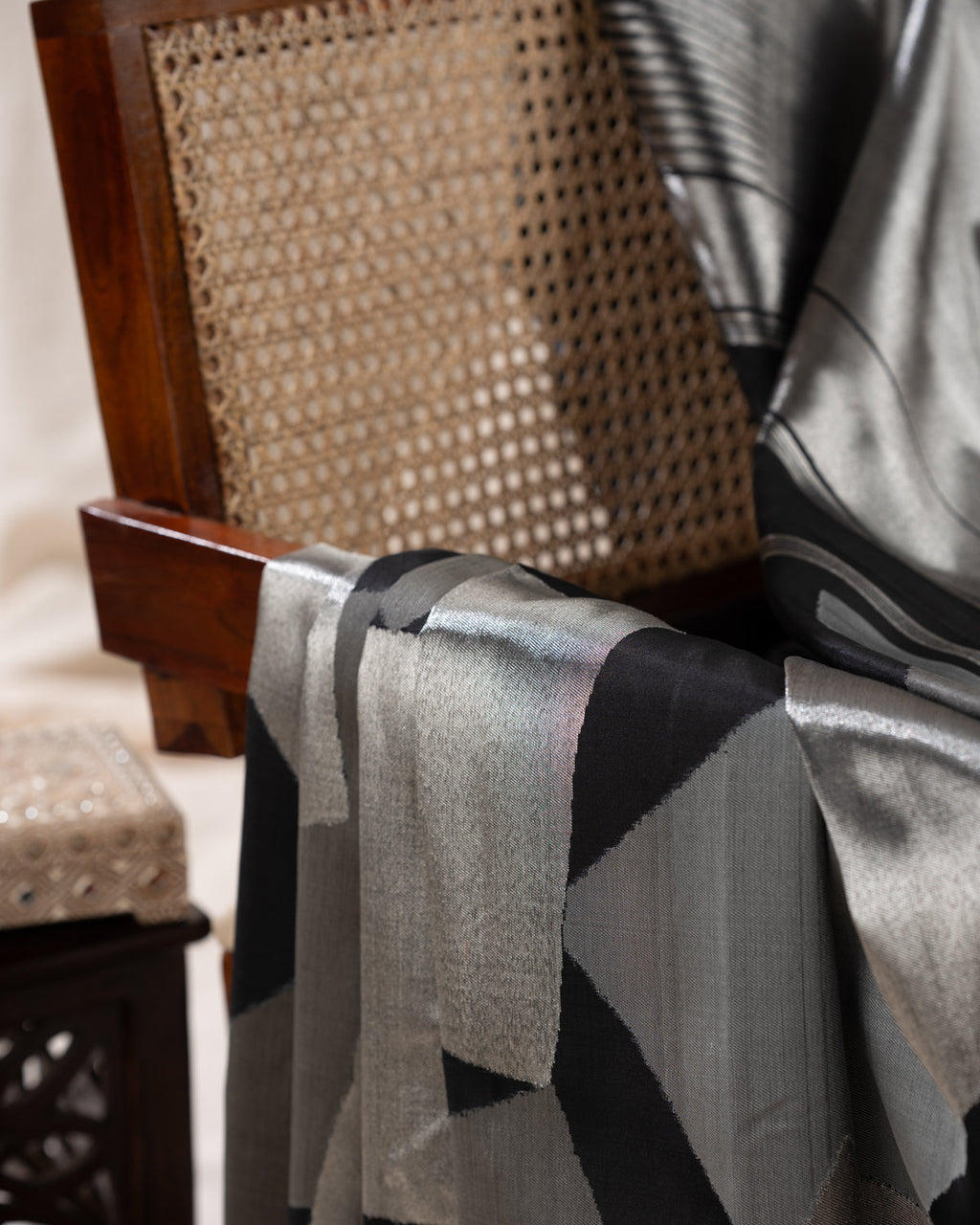 Black & Silver Contemporary Pure Kanchipuram Silk With Abstract Geometric Weaves
