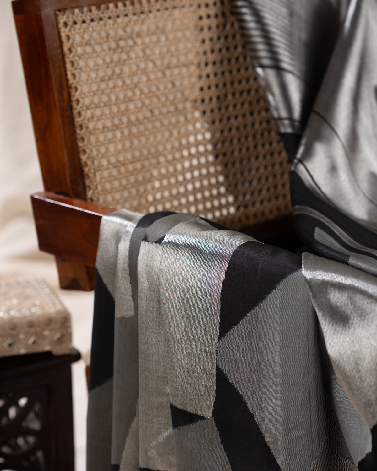 Black & Silver Contemporary Pure Kanchipuram Silk With Abstract Geometric Weaves