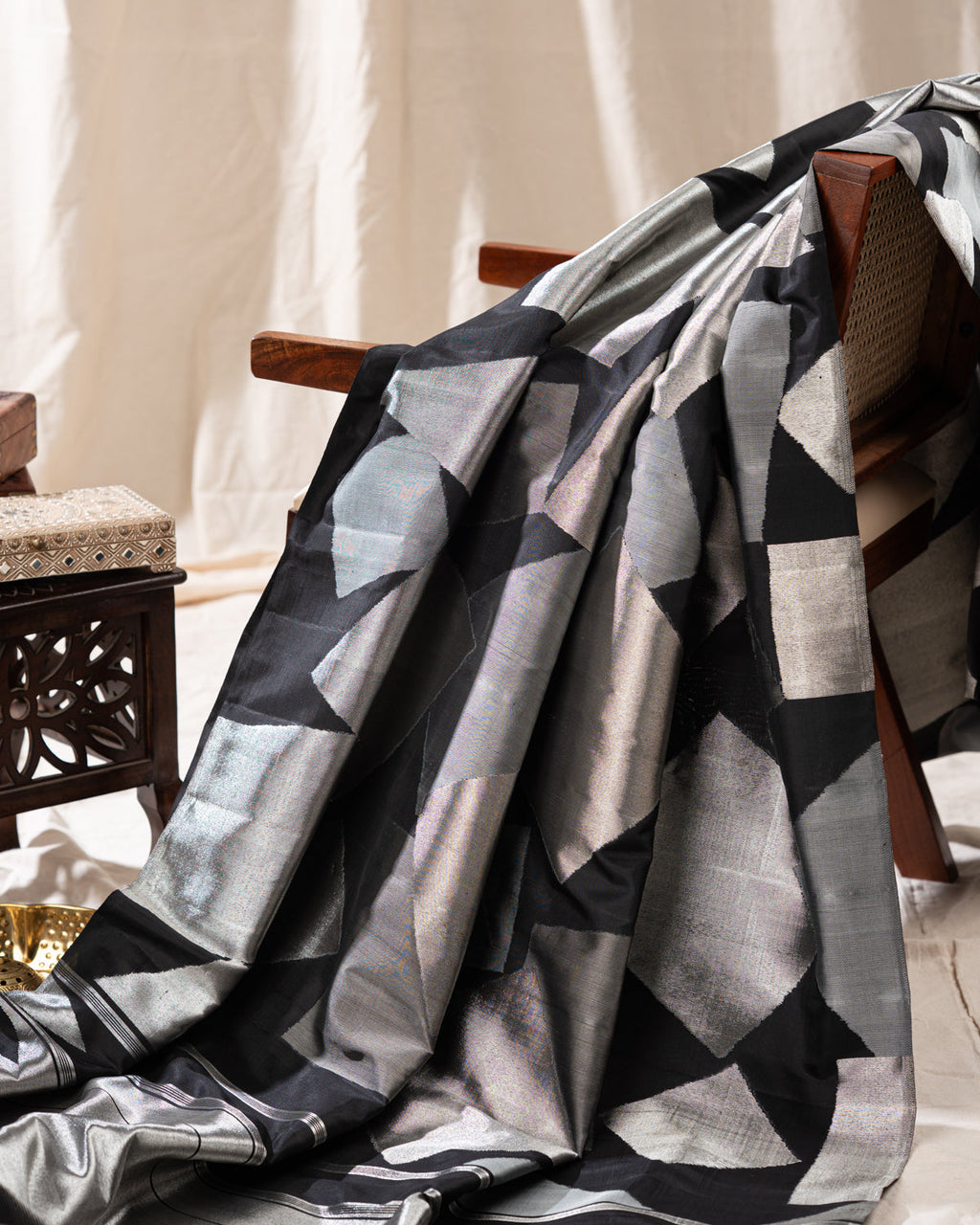 Black & Silver Contemporary Pure Kanchipuram Silk With Abstract Geometric Weaves