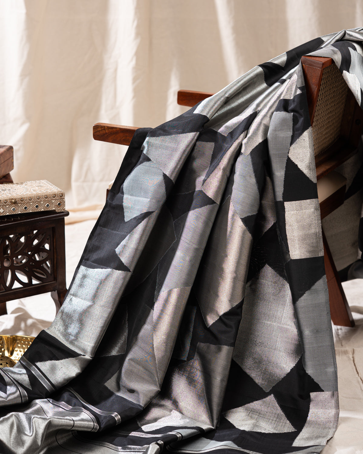 Black & Silver Contemporary Pure Kanchipuram Silk With Abstract Geometric Weaves