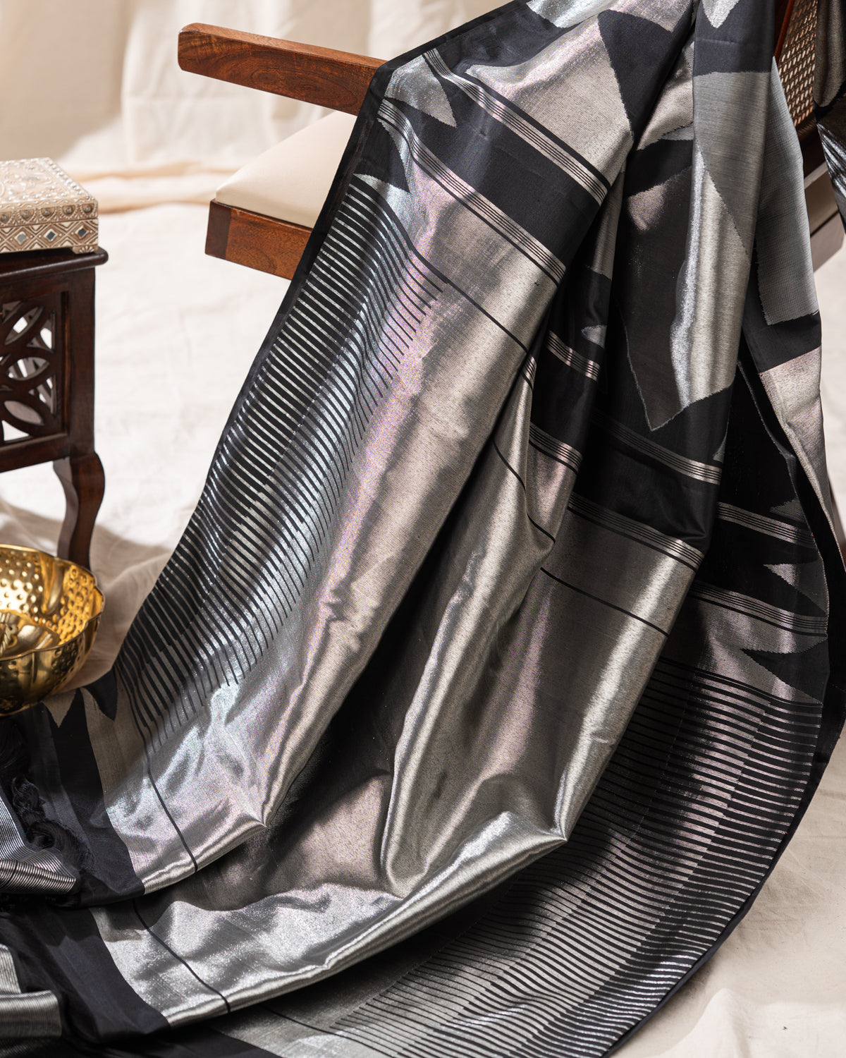 Black & Silver Contemporary Pure Kanchipuram Silk With Abstract Geometric Weaves