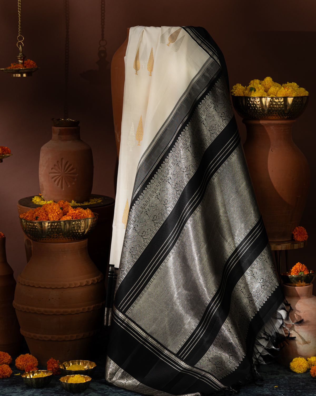 Off White & Majestic Black Kanchipuram Silk Saree With Silver & Gold Zari Buttas