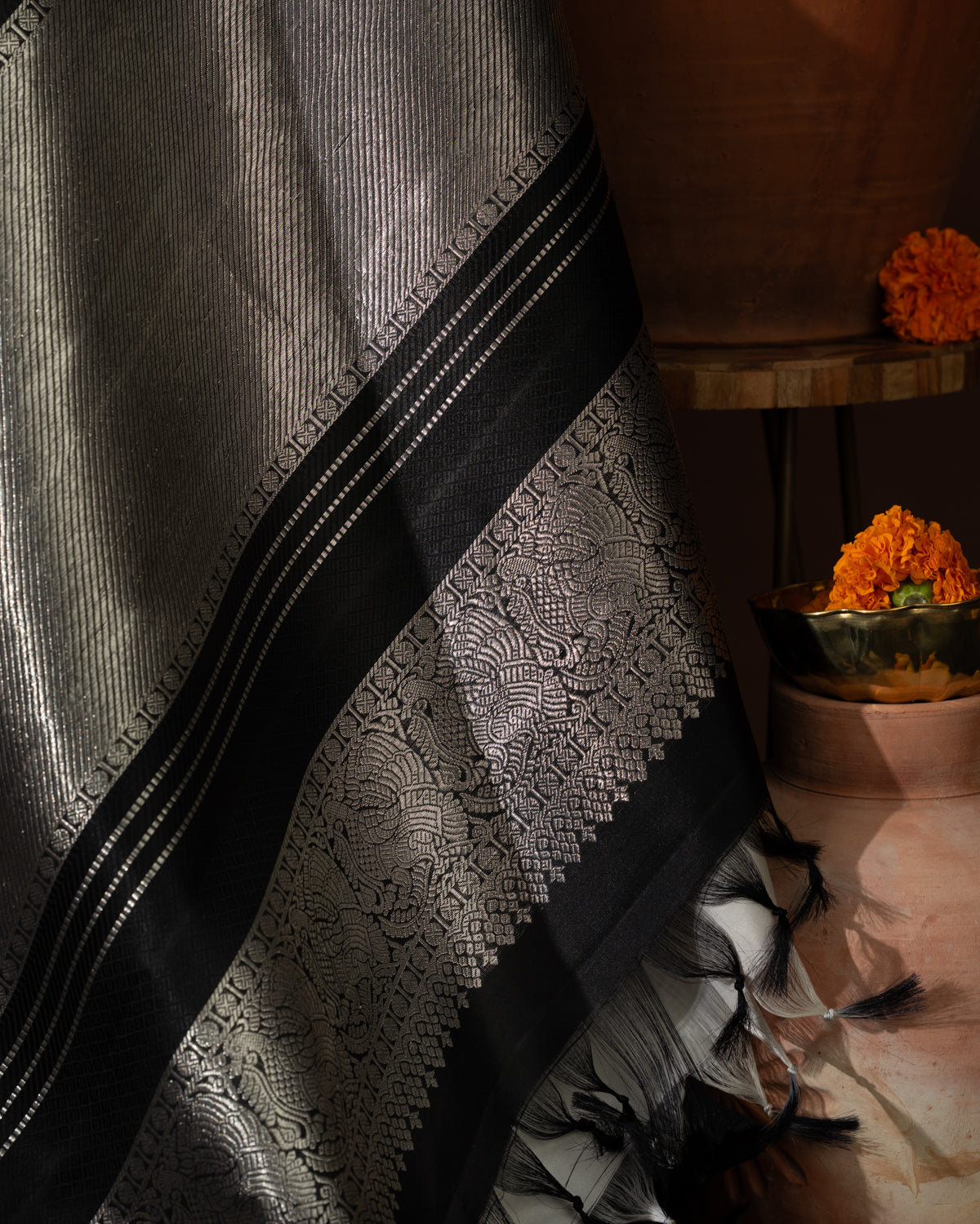 Off White & Majestic Black Kanchipuram Silk Saree With Silver & Gold Zari Buttas