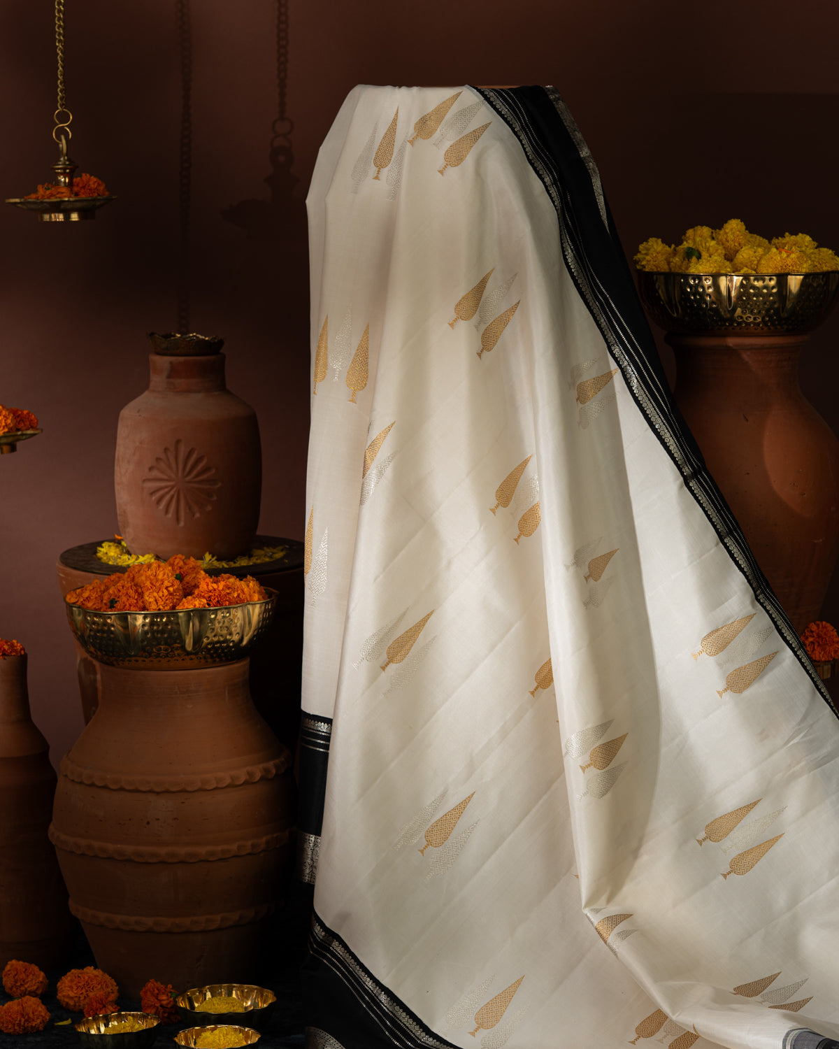 Off White & Majestic Black Kanchipuram Silk Saree With Silver & Gold Zari Buttas