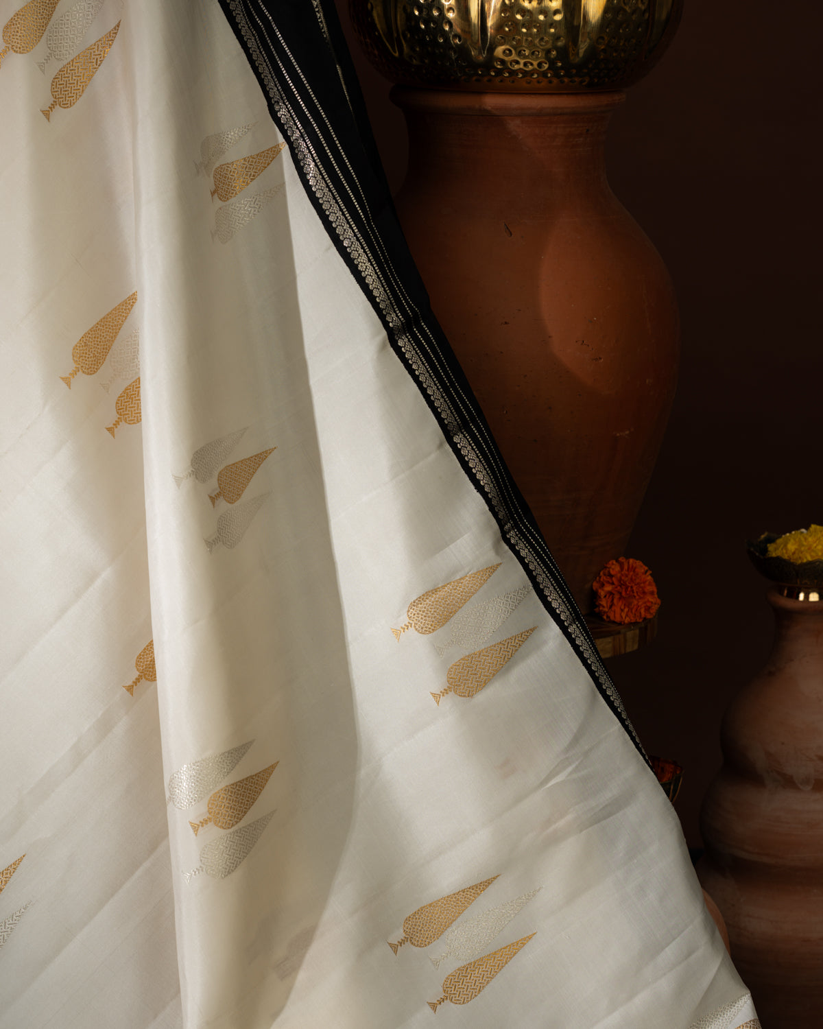 Off White & Majestic Black Kanchipuram Silk Saree With Silver & Gold Zari Buttas