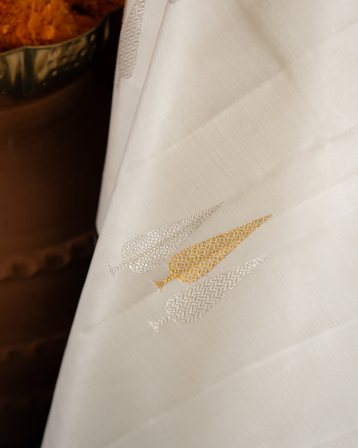 Off White & Majestic Black Kanchipuram Silk Saree With Silver & Gold Zari Buttas