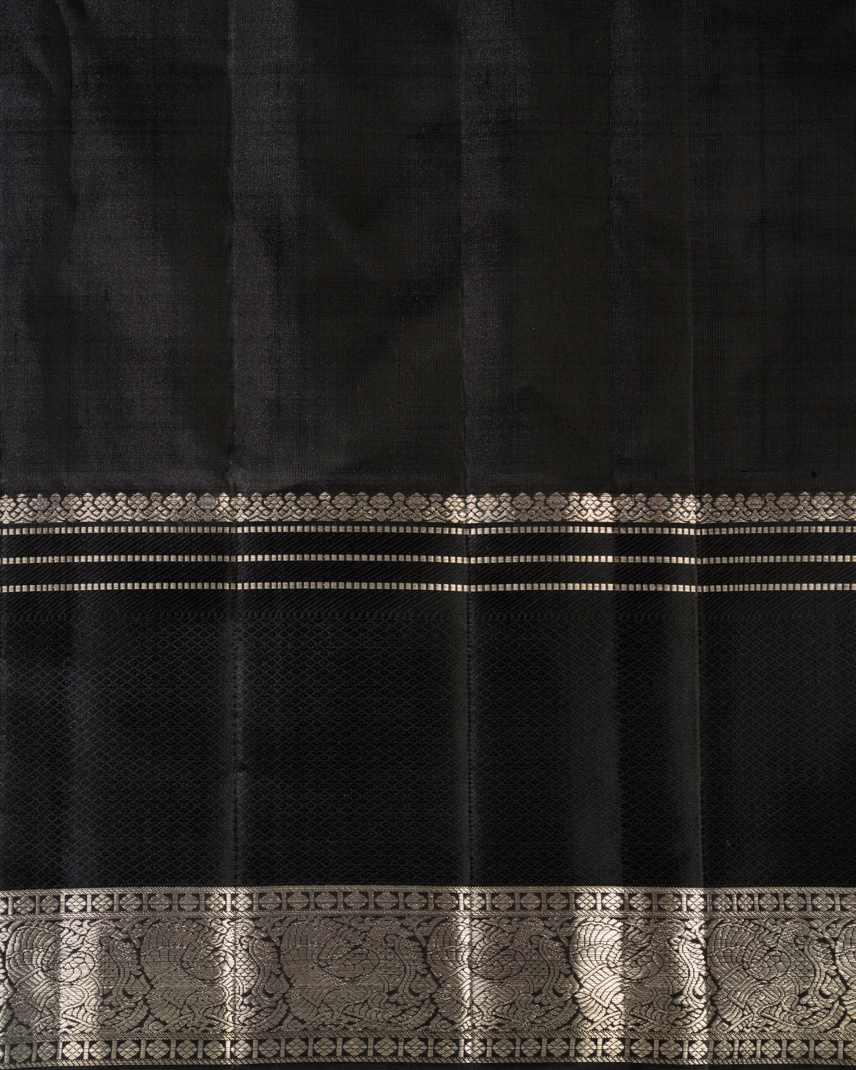 Off White & Majestic Black Kanchipuram Silk Saree With Silver & Gold Zari Buttas
