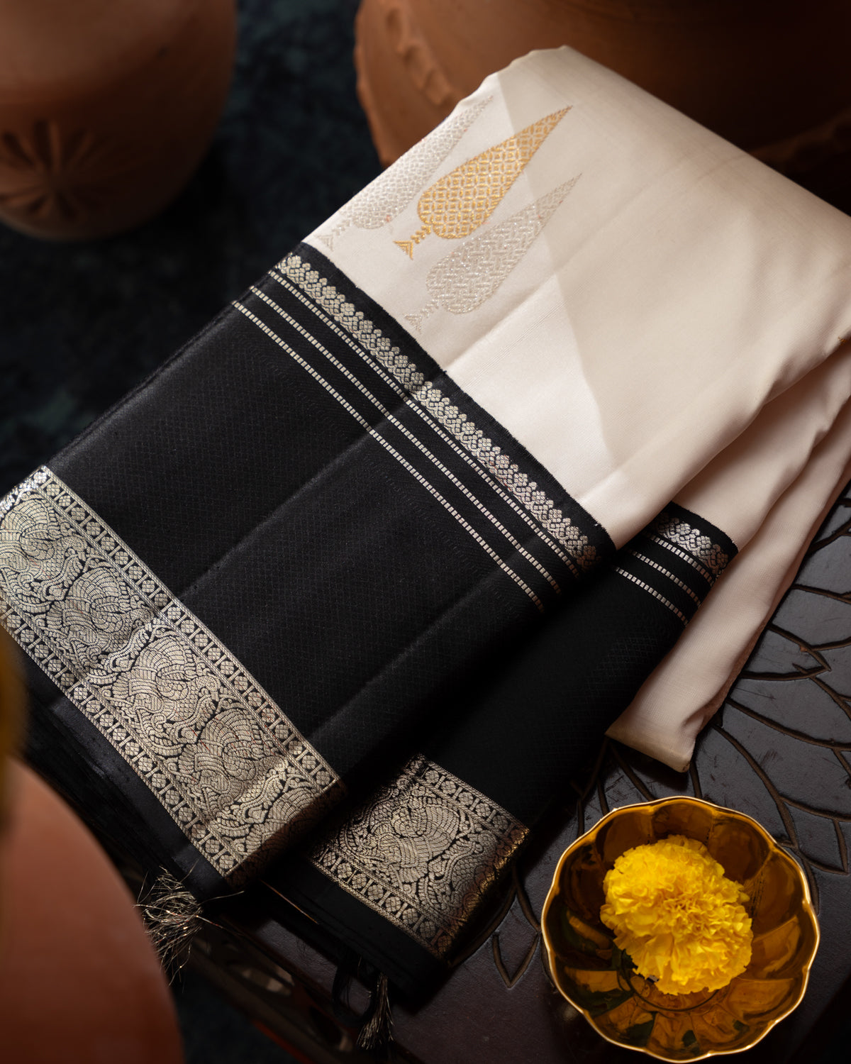 Off White & Majestic Black Kanchipuram Silk Saree With Silver & Gold Zari Buttas