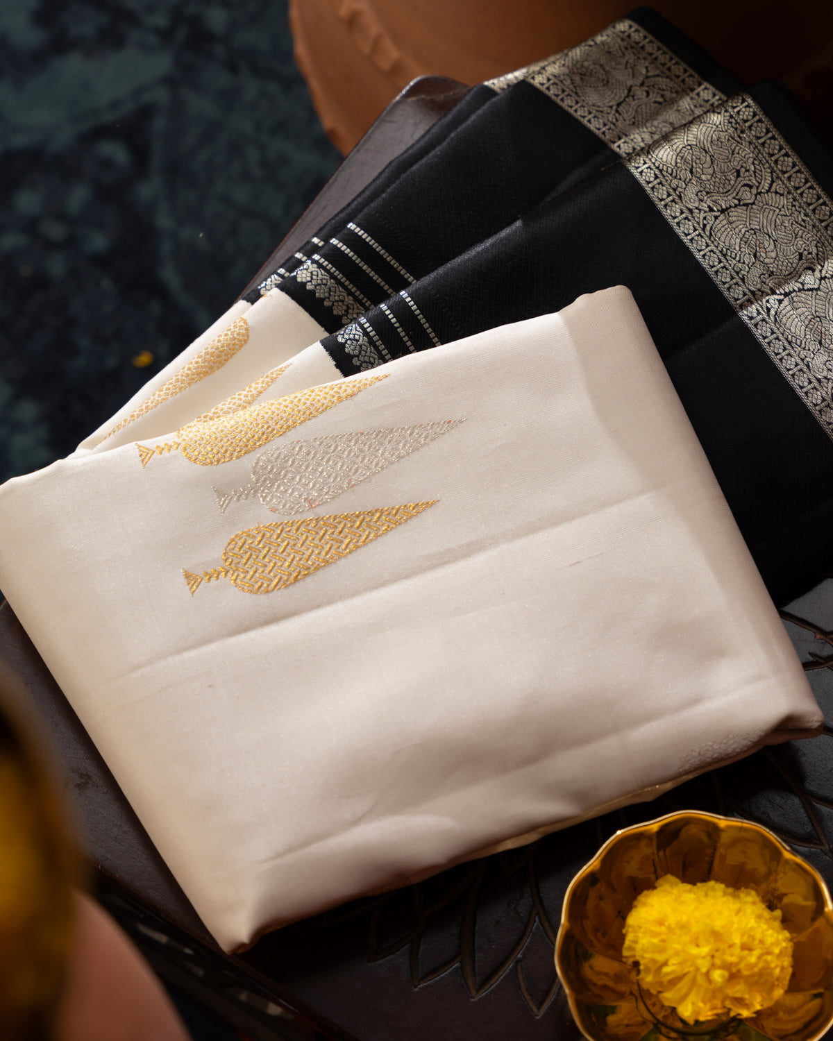 Off White & Majestic Black Kanchipuram Silk Saree With Silver & Gold Zari Buttas