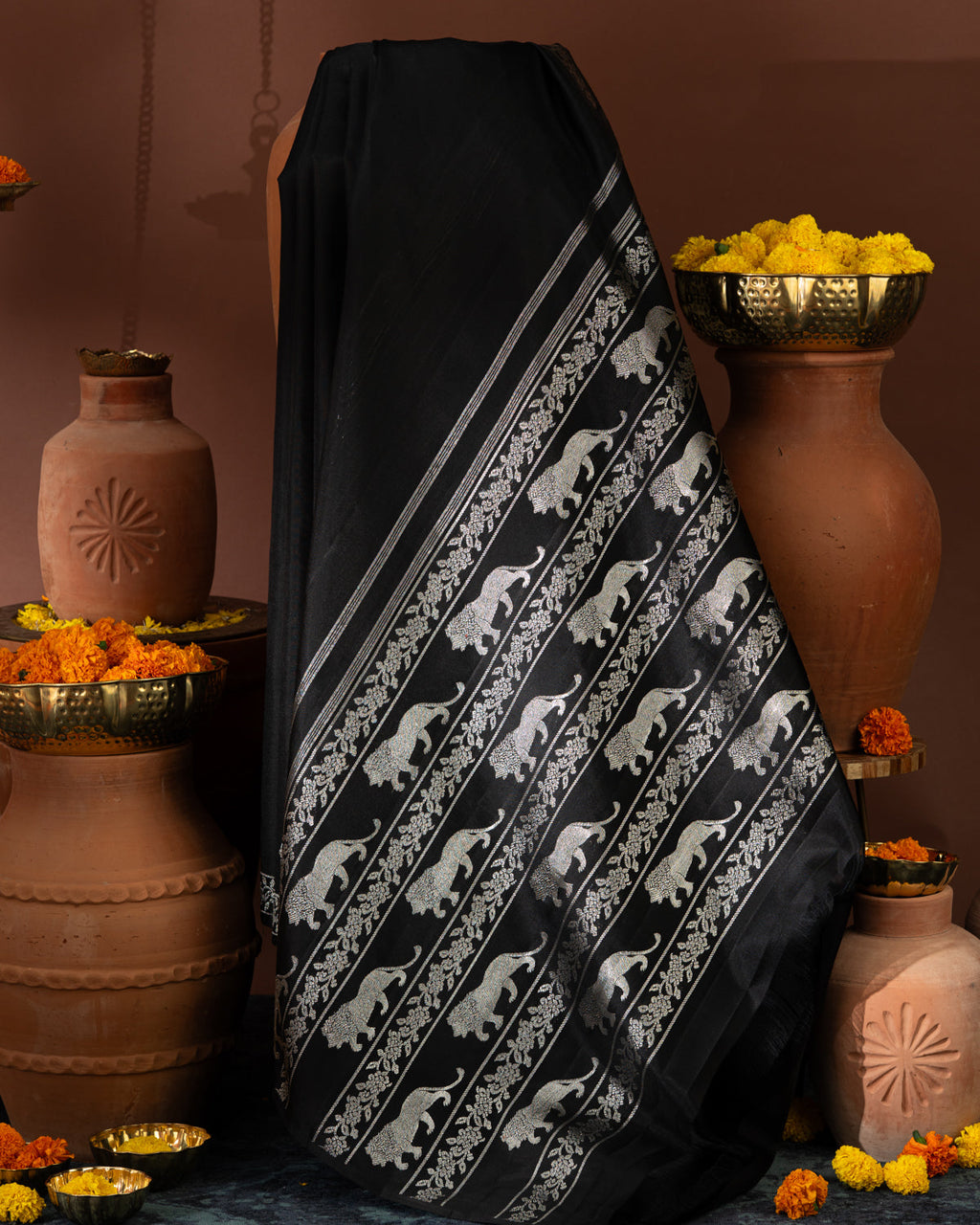 Majestic Black & Silver Kanchipuram Silk With Lion And Floral Weaves
