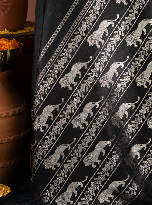 Majestic Black & Silver Kanchipuram Silk With Lion And Floral Weaves