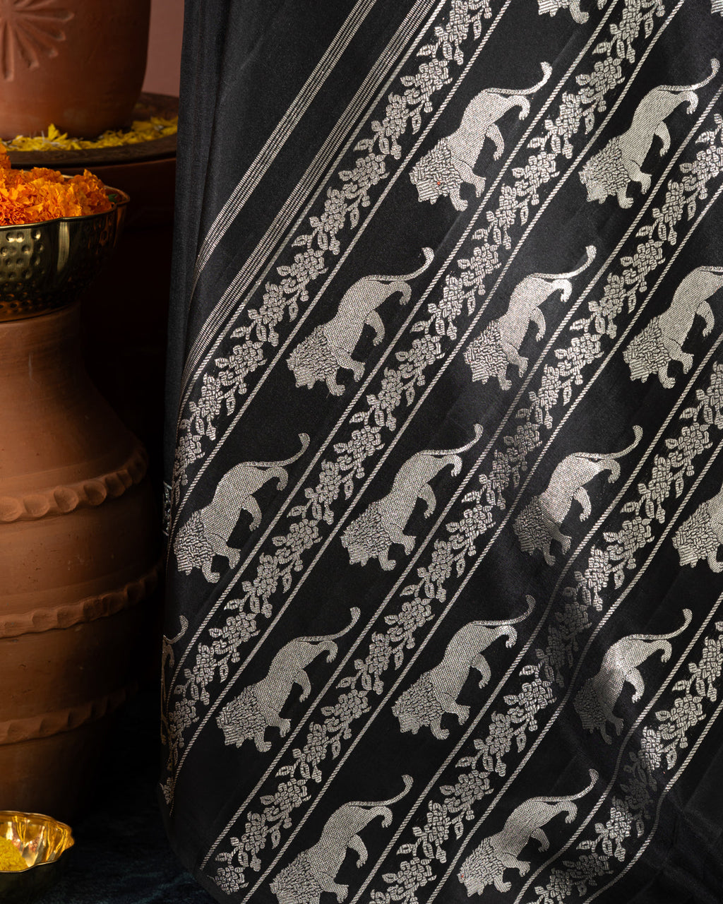 Majestic Black & Silver Kanchipuram Silk With Lion And Floral Weaves