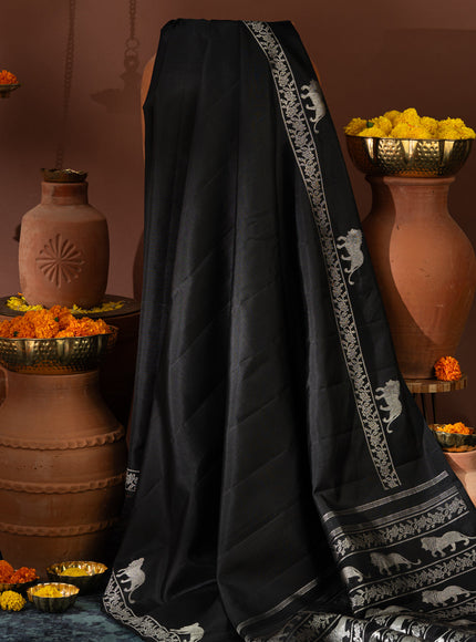 Majestic Black & Silver Kanchipuram Silk With Lion And Floral Weaves