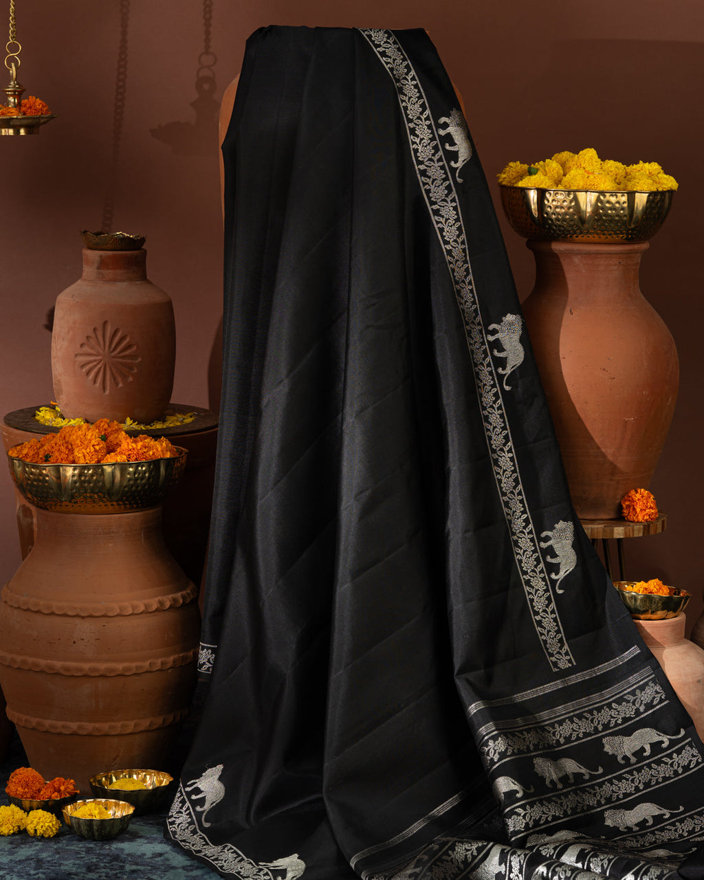 Majestic Black & Silver Kanchipuram Silk With Lion And Floral Weaves
