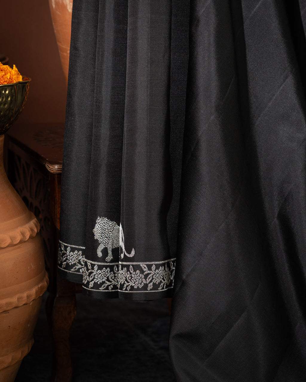 Majestic Black & Silver Kanchipuram Silk With Lion And Floral Weaves