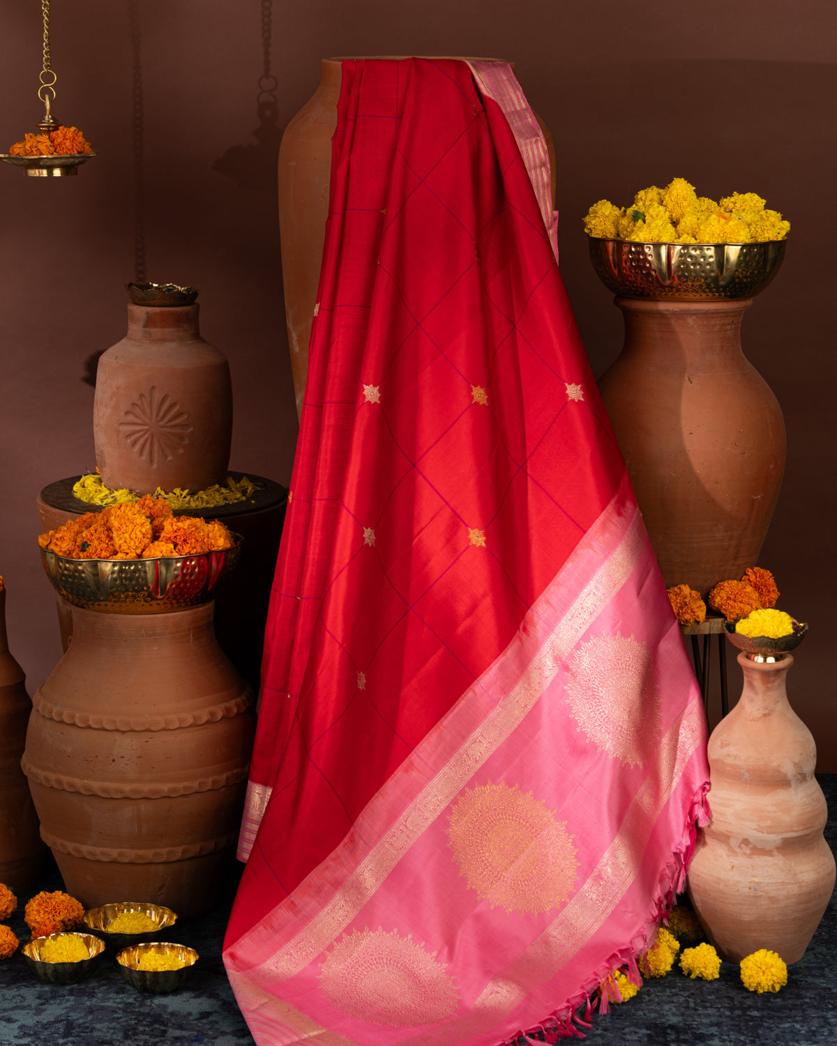 Red & Pink Kanchipuram Silk Saree With Checks & Buttas