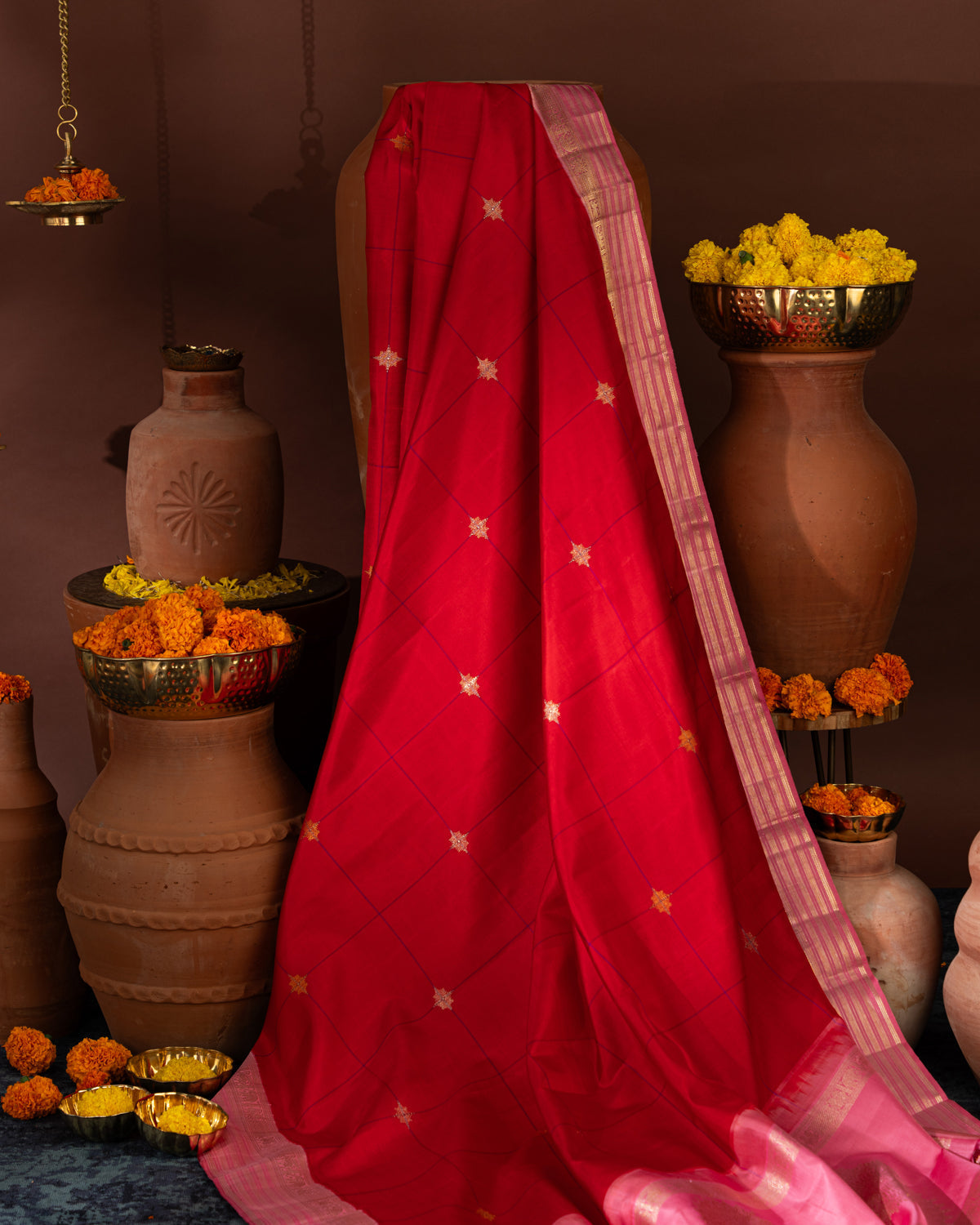 Red & Pink Kanchipuram Silk Saree With Checks & Buttas