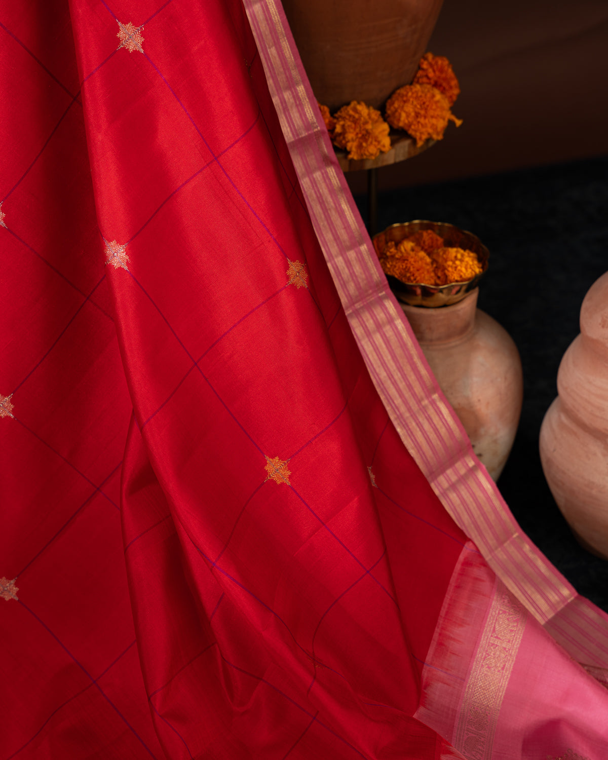 Red & Pink Kanchipuram Silk Saree With Checks & Buttas