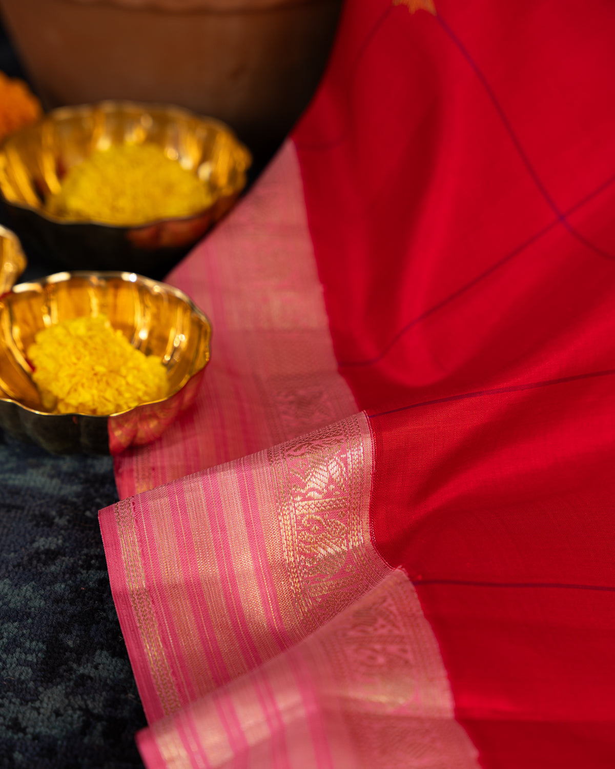 Red & Pink Kanchipuram Silk Saree With Checks & Buttas