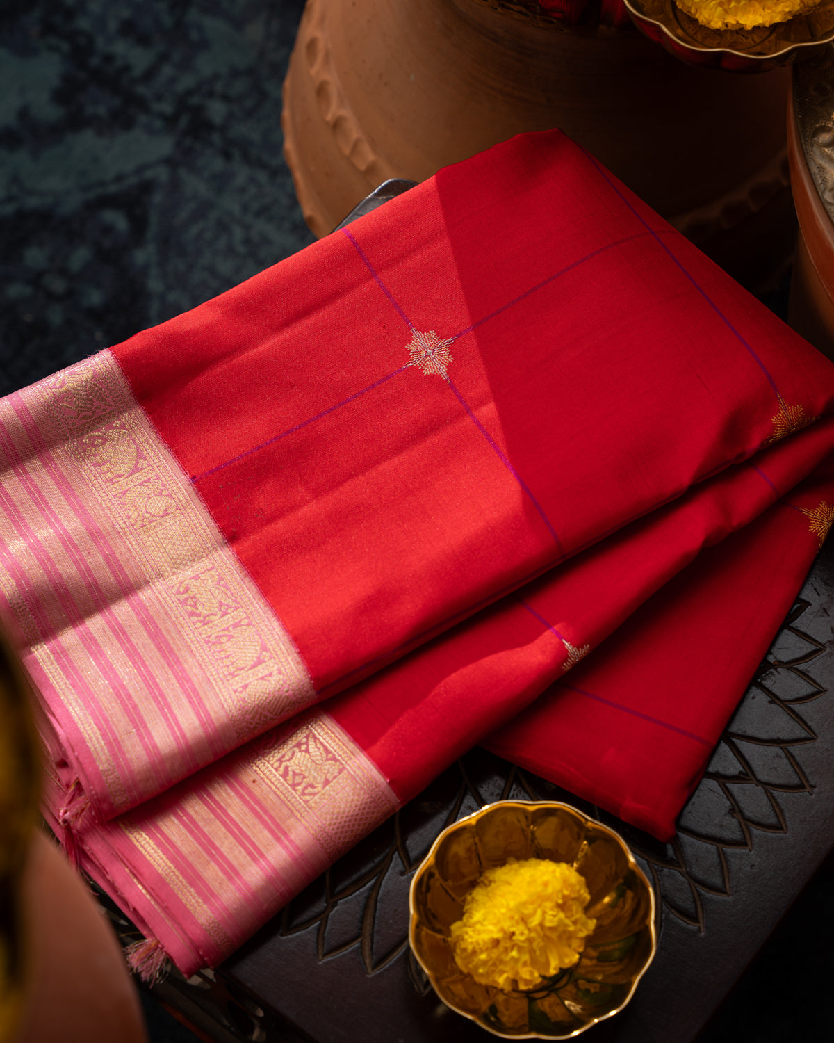 Red & Pink Kanchipuram Silk Saree With Checks & Buttas